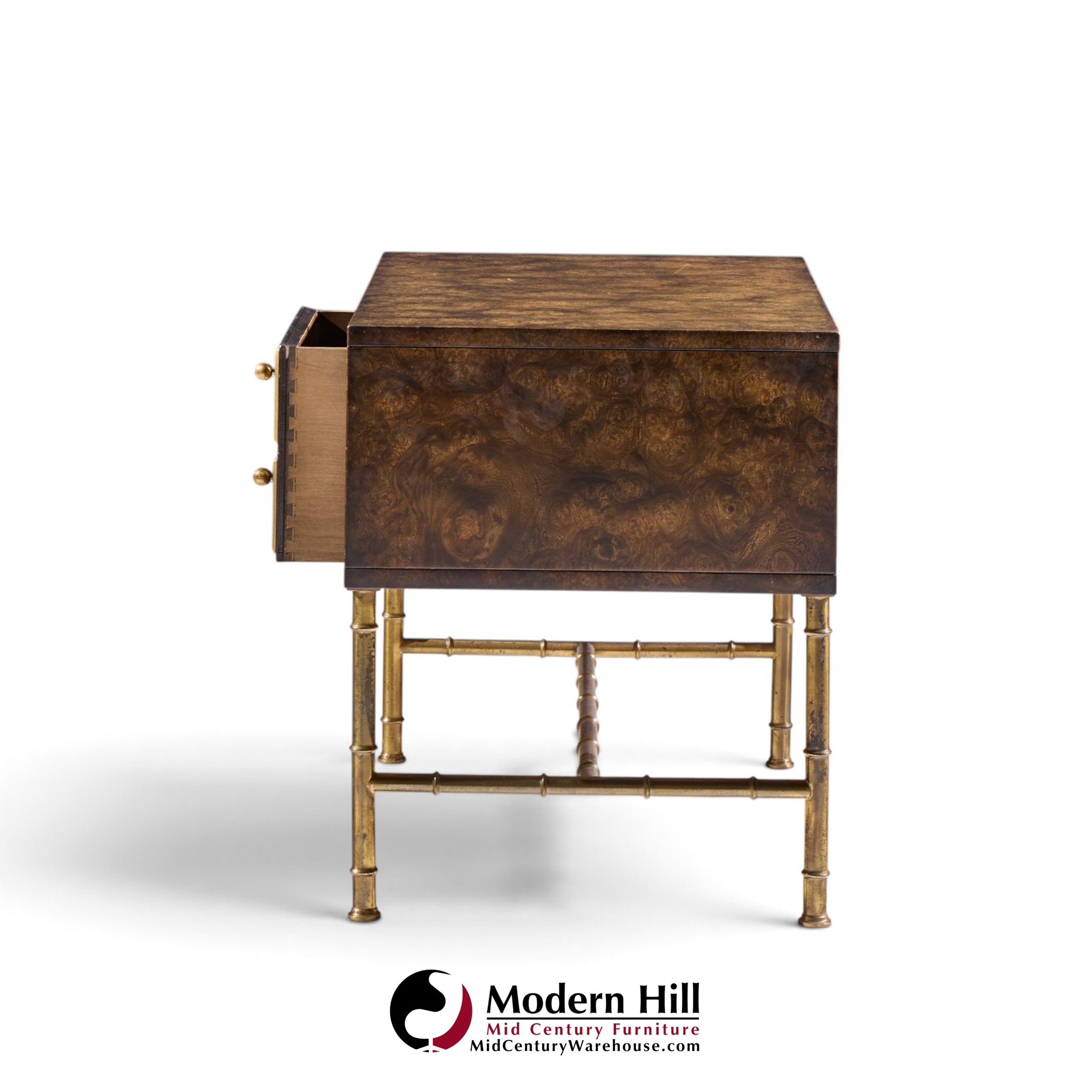 mastercraft mid century burlwood and brass nightstands - pair