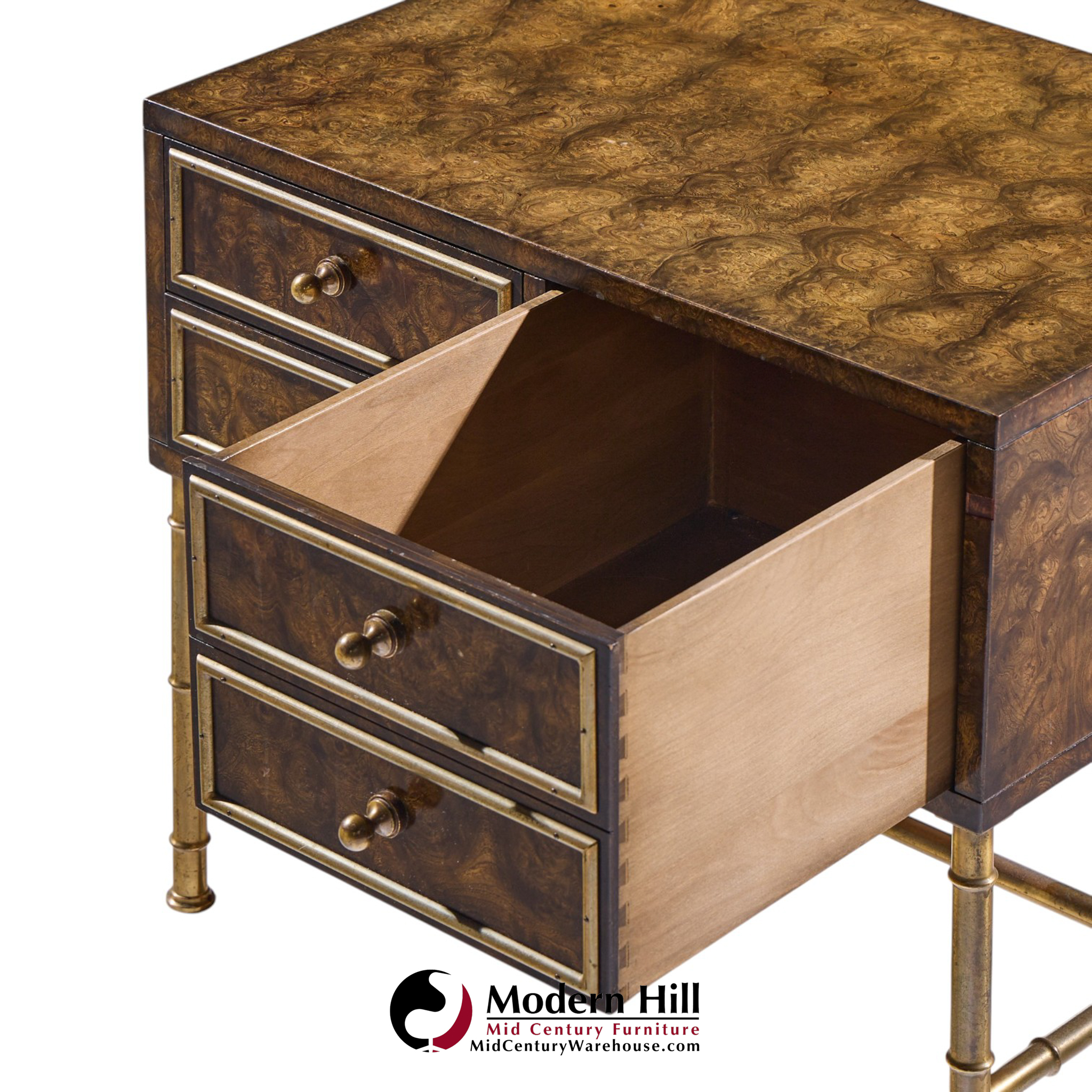 mastercraft mid century burlwood and brass nightstands - pair