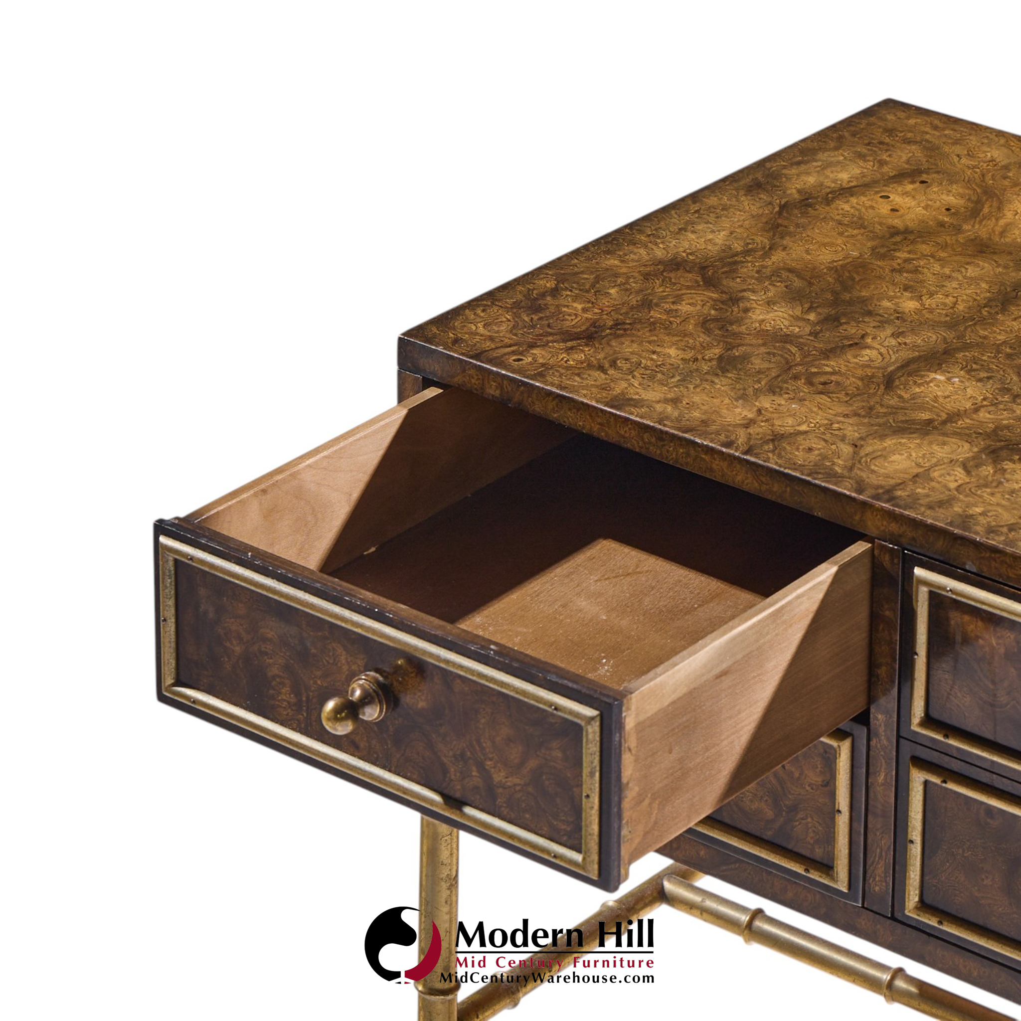 mastercraft mid century burlwood and brass nightstands - pair