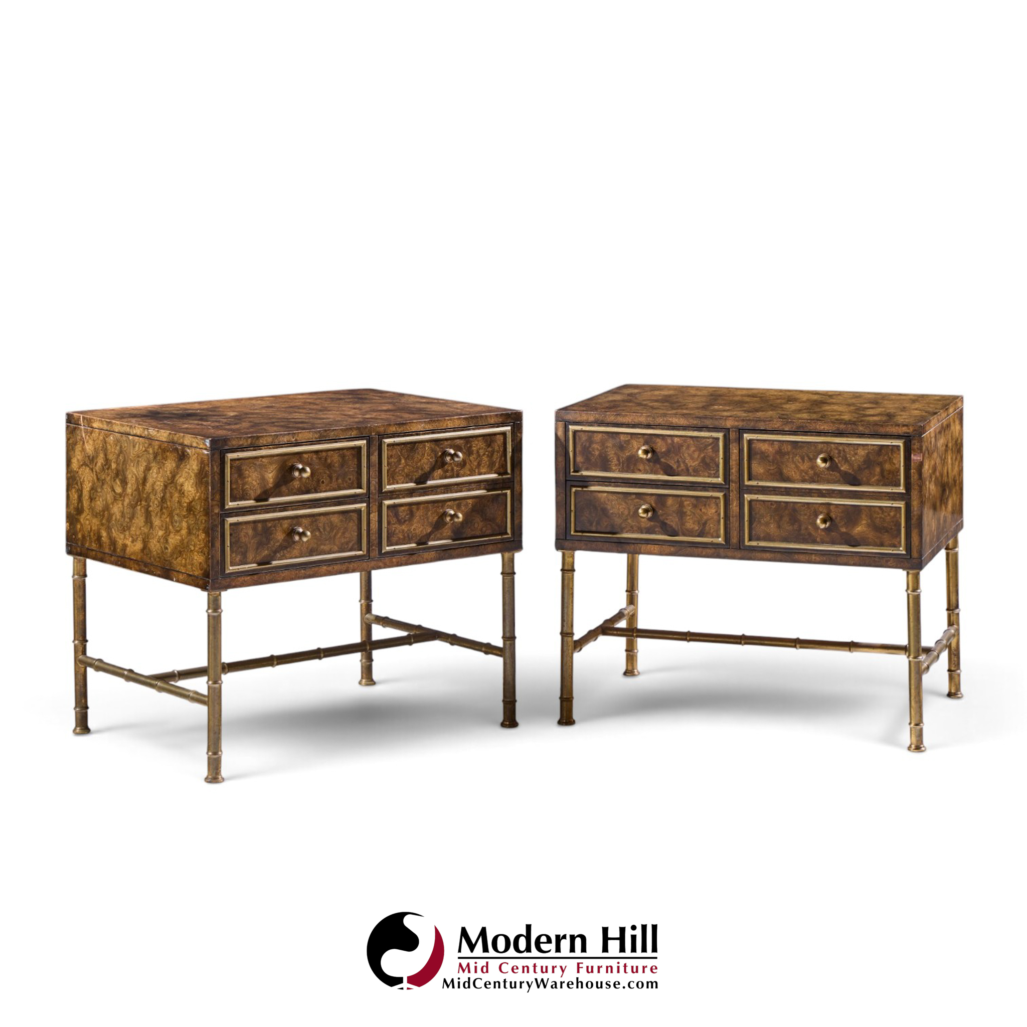 mastercraft mid century burlwood and brass nightstands - pair