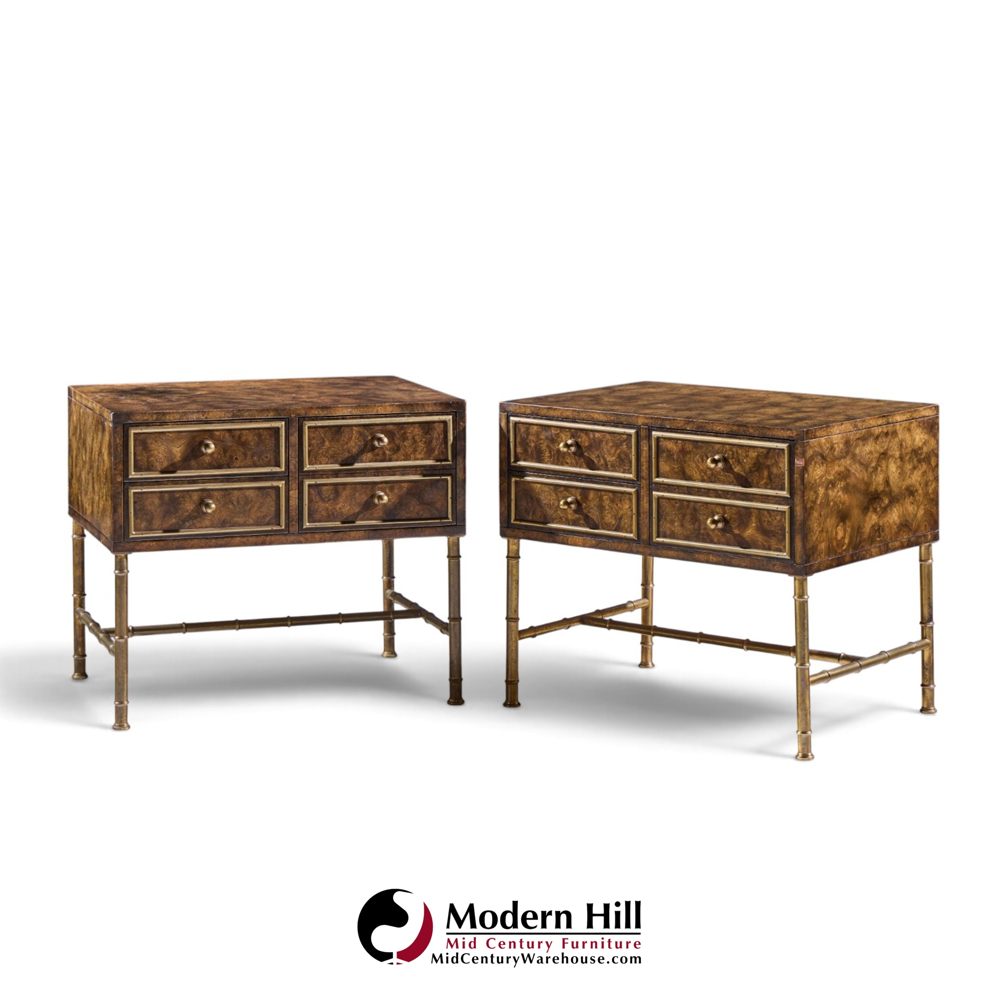mastercraft mid century burlwood and brass nightstands - pair