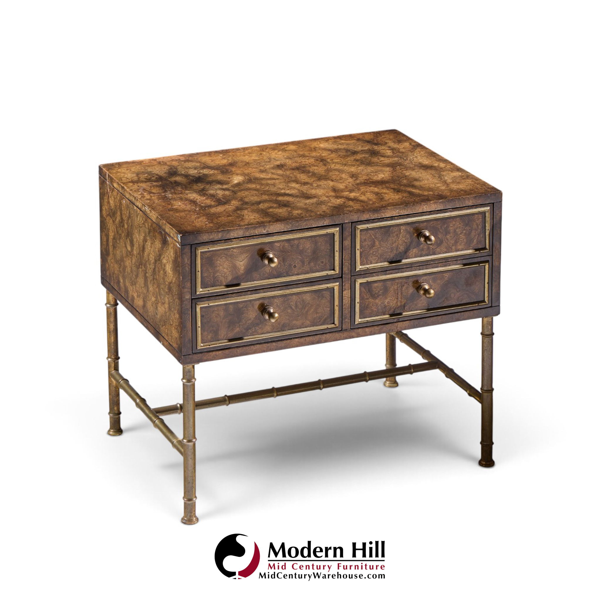 mastercraft mid century burlwood and brass nightstands - pair