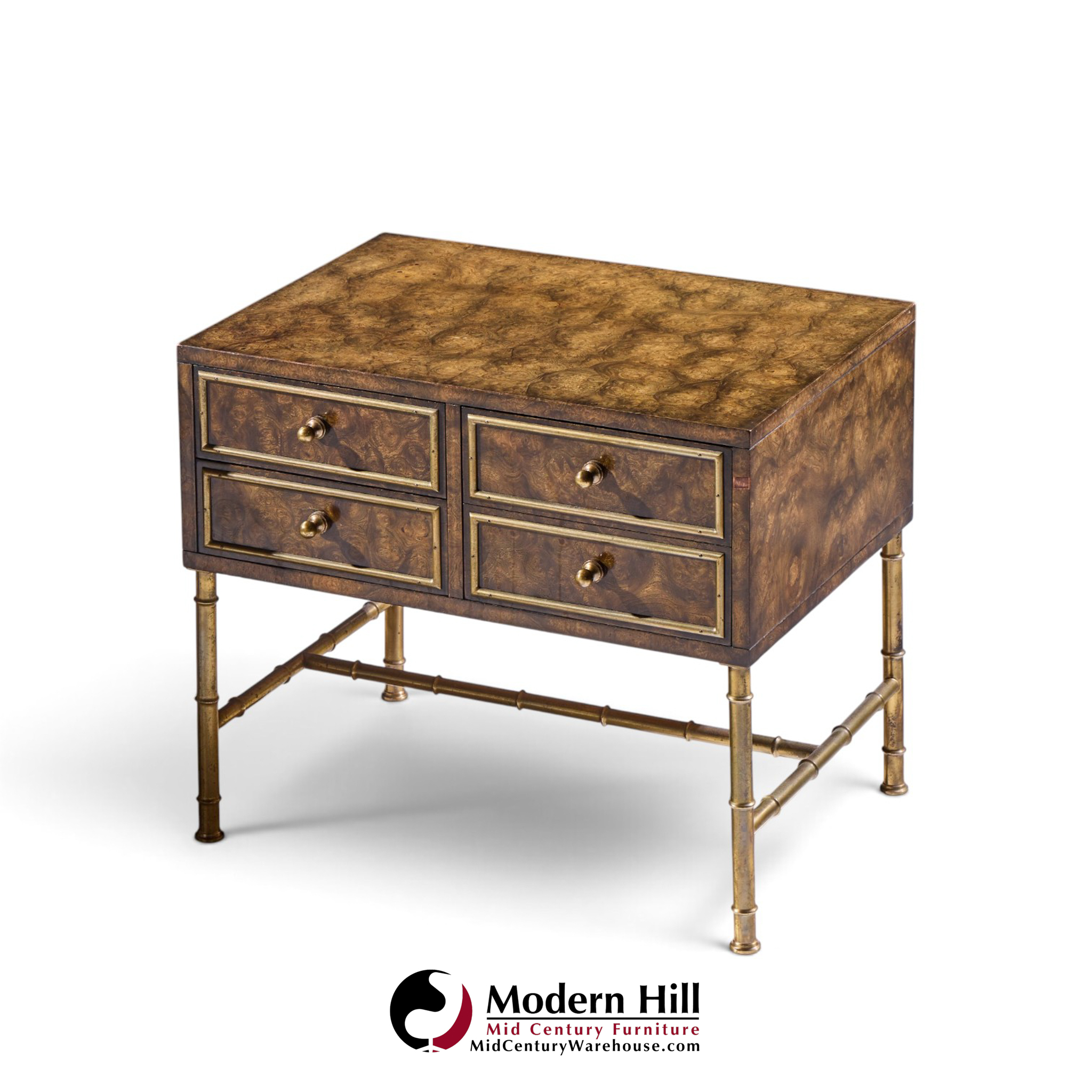 mastercraft mid century burlwood and brass nightstands - pair