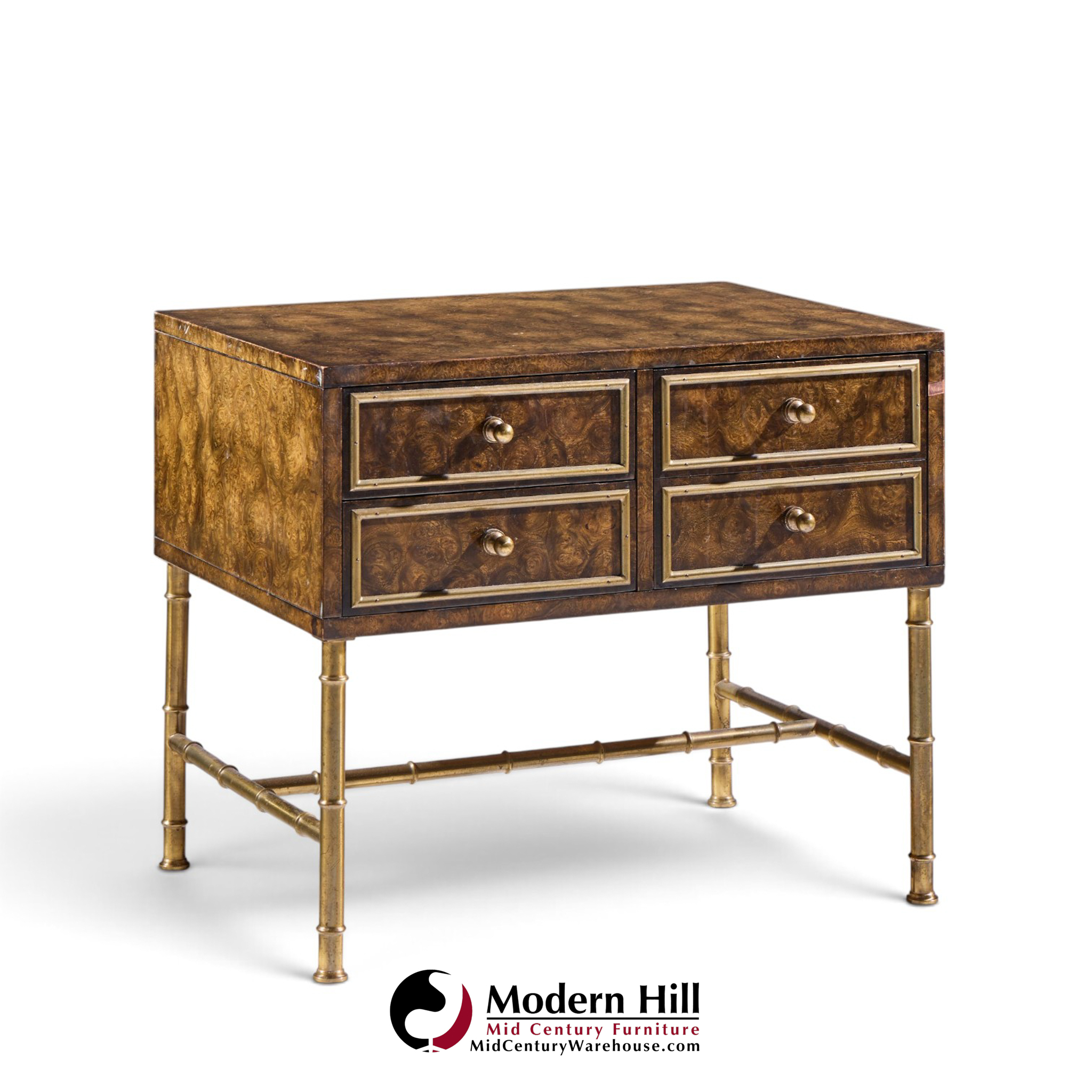mastercraft mid century burlwood and brass nightstands - pair