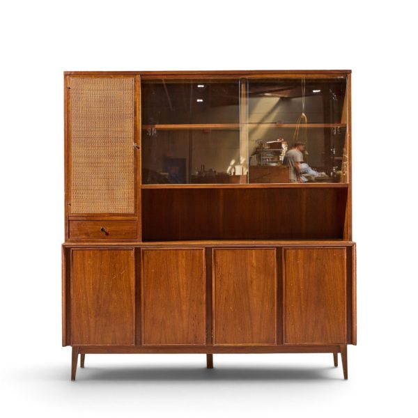 merton gershun for american of martinsville mid century walnut and cane credenza and hutch