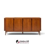 merton gershun for american of martinsville mid century walnut and cane credenza and hutch