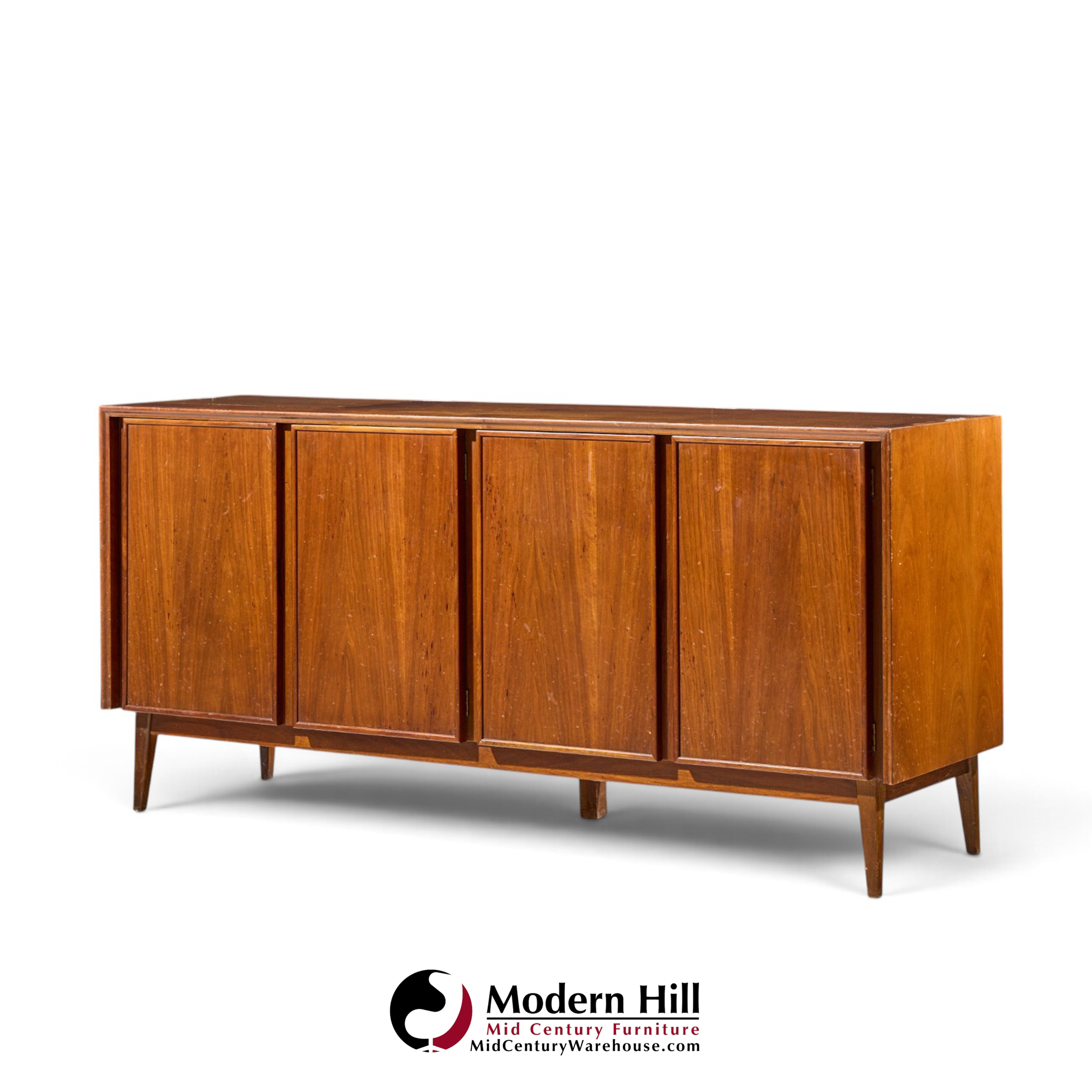 merton gershun for american of martinsville mid century walnut and cane credenza and hutch