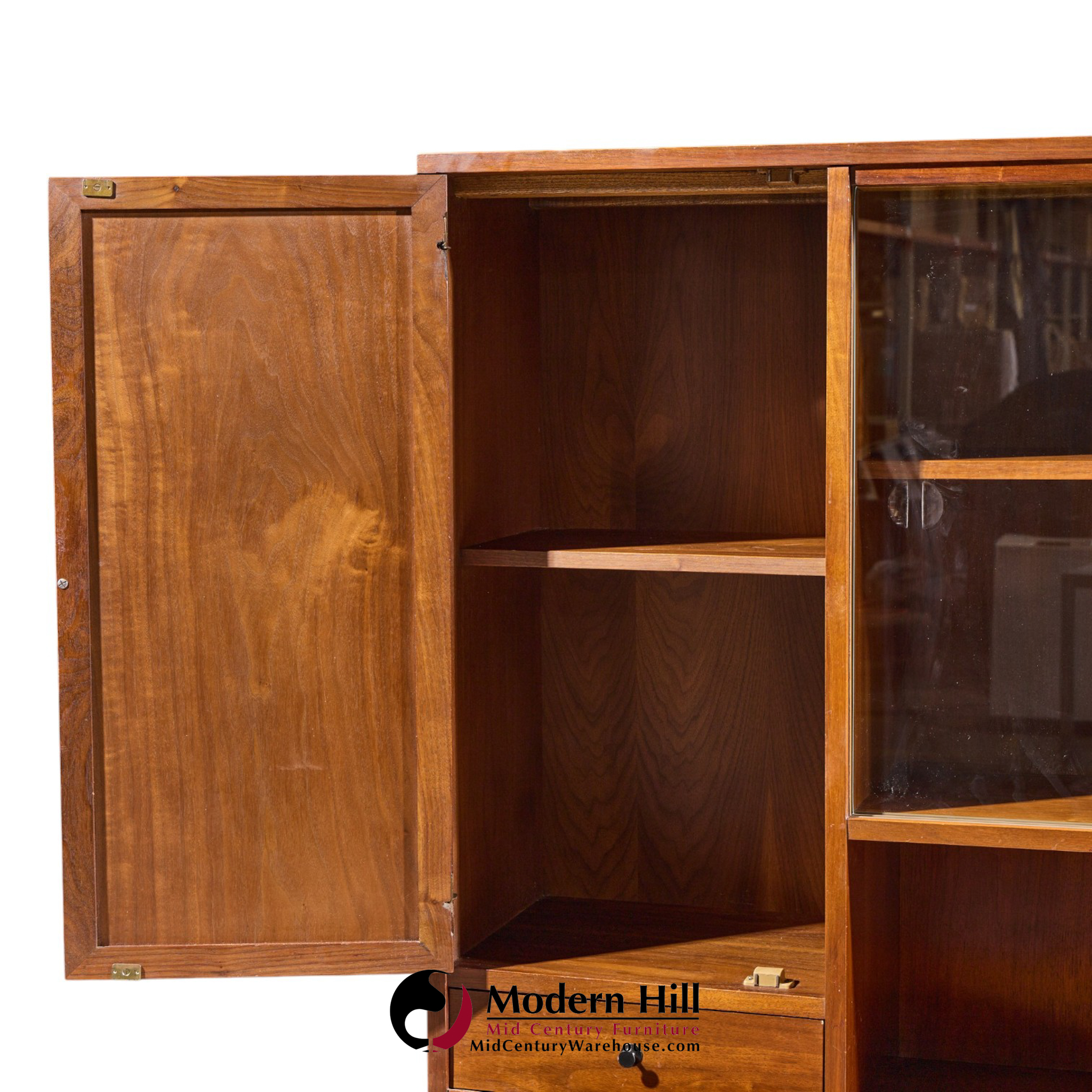 merton gershun for american of martinsville mid century walnut and cane credenza and hutch