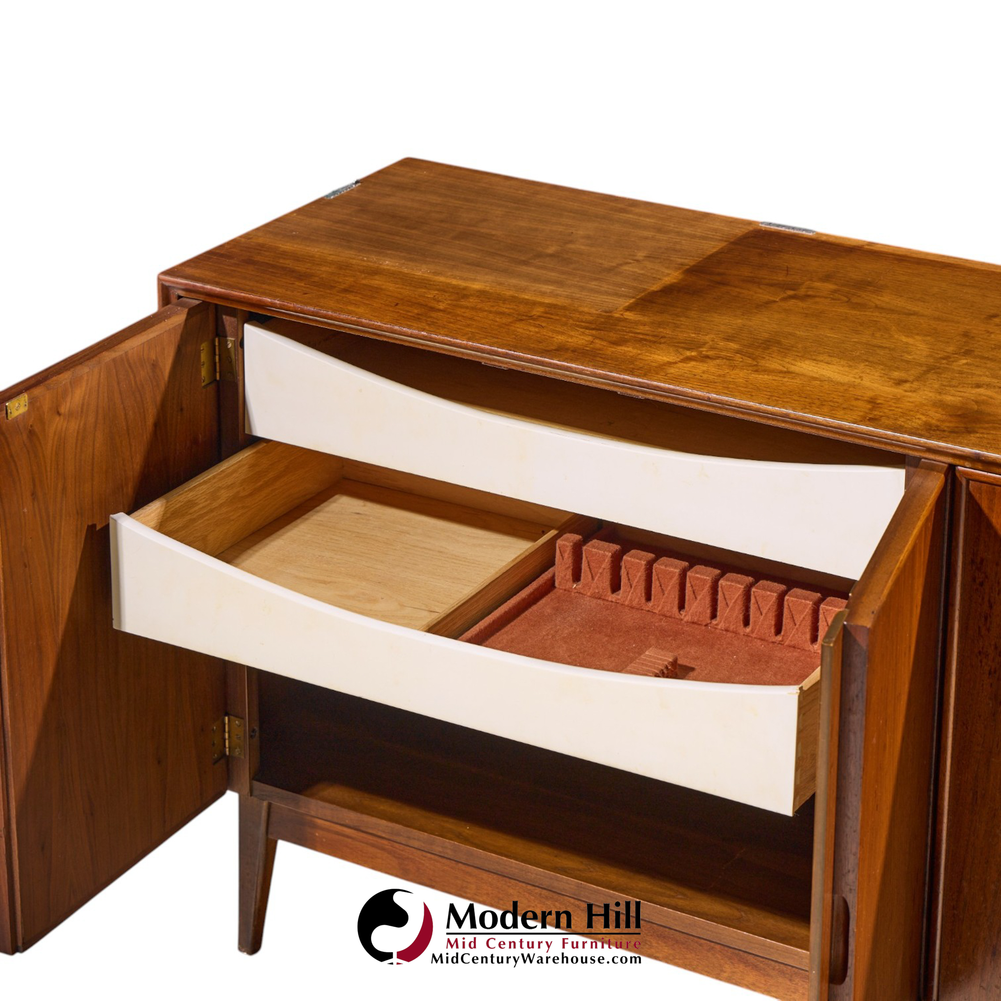 merton gershun for american of martinsville mid century walnut and cane credenza and hutch