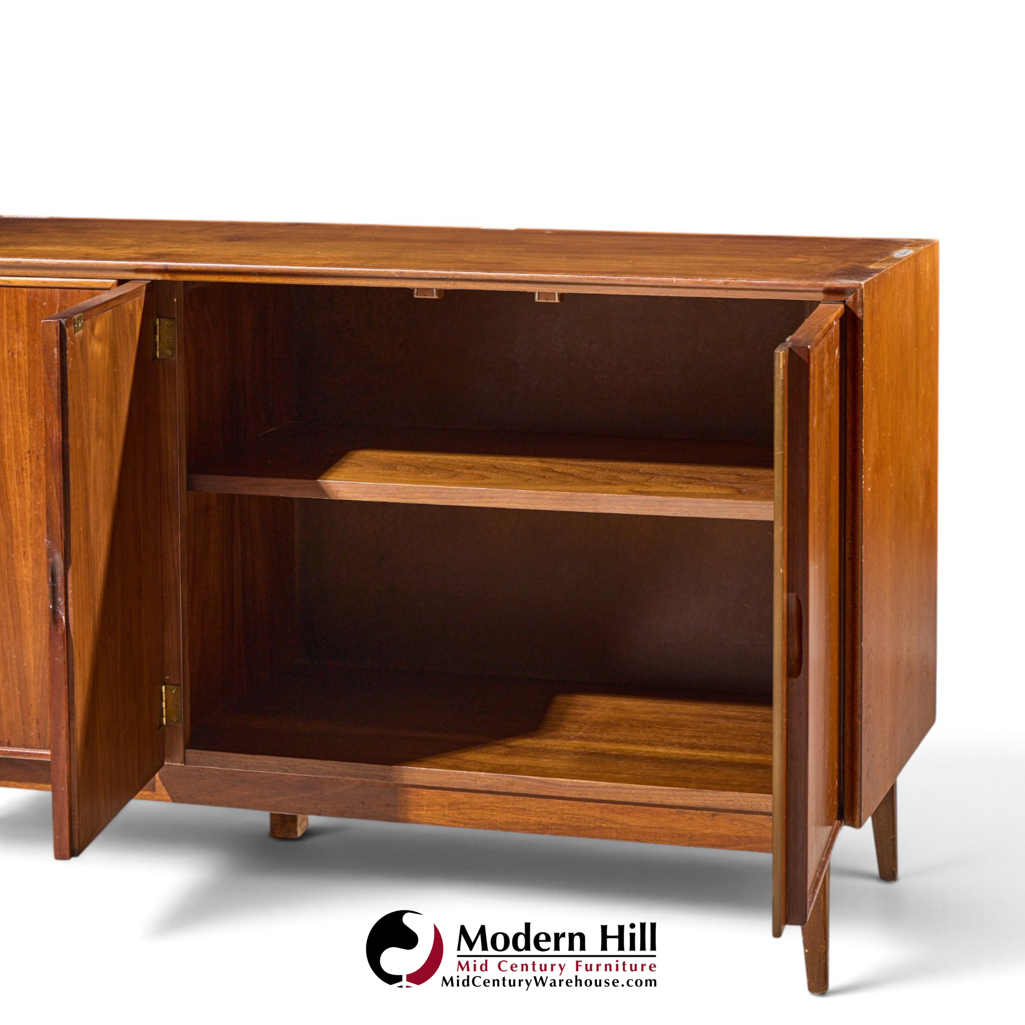 merton gershun for american of martinsville mid century walnut and cane credenza and hutch