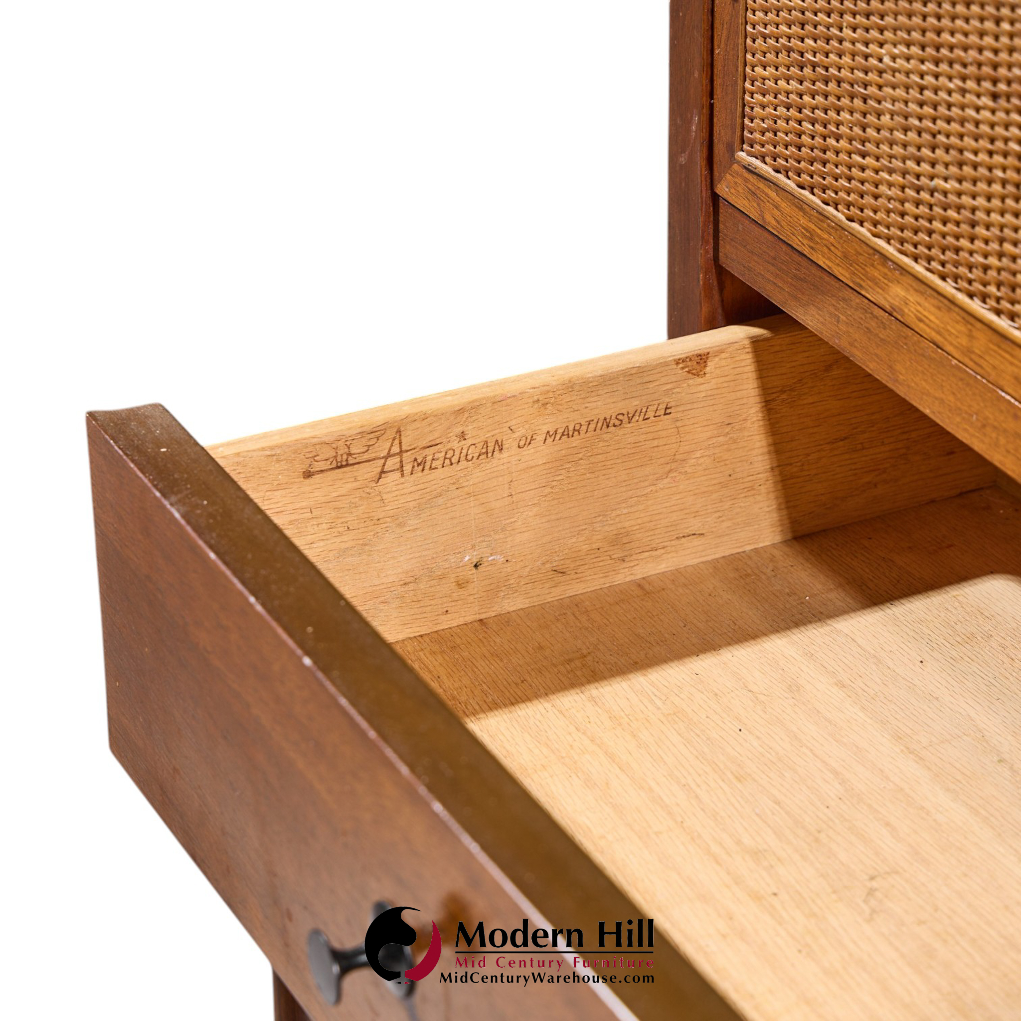 merton gershun for american of martinsville mid century walnut and cane credenza and hutch