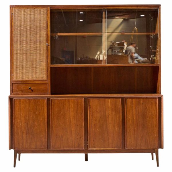 merton gershun for american of martinsville mid century walnut and cane credenza and hutch