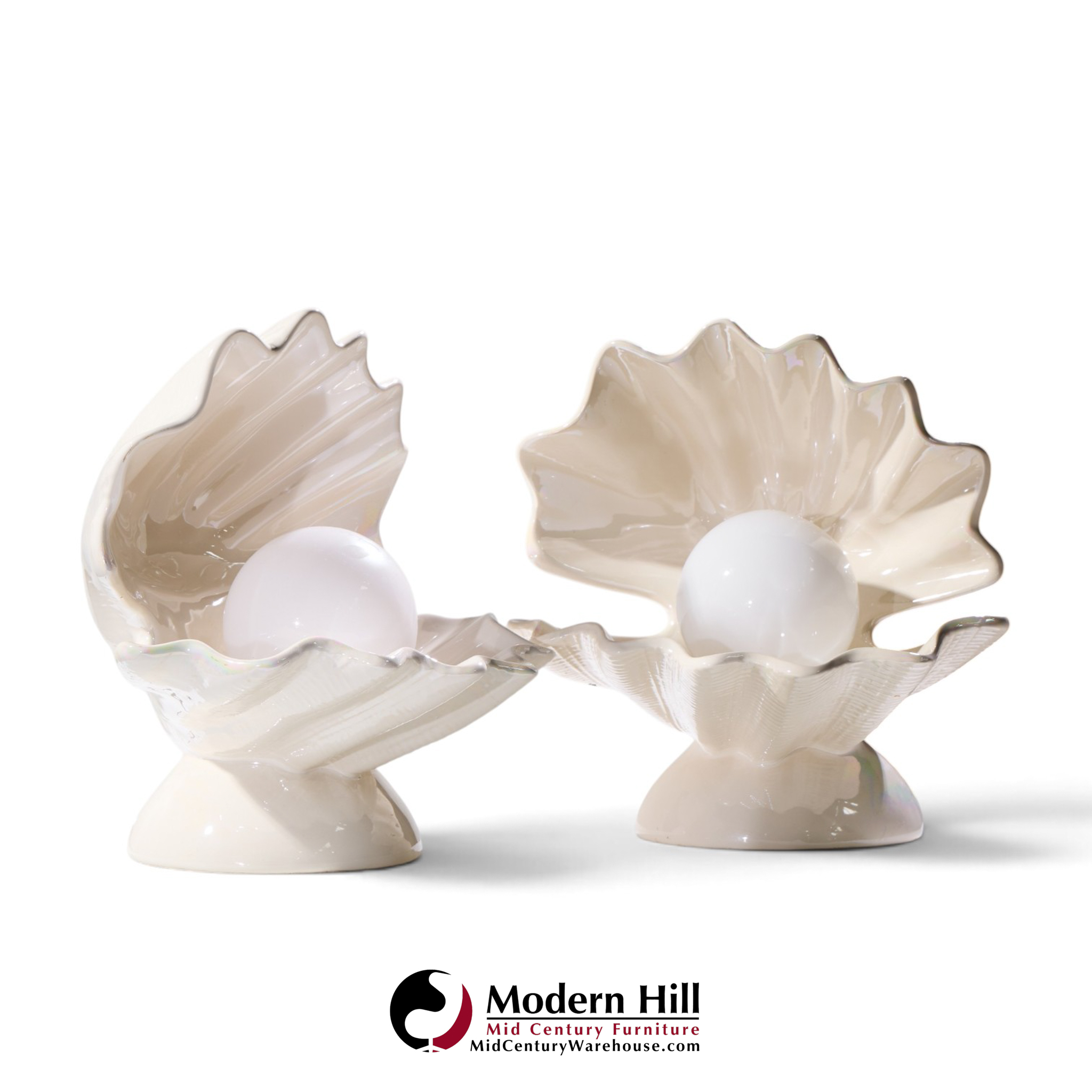 mid century oyster shell shaped porcelain lamps - pair