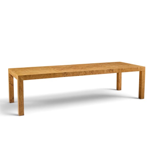 milo baughman for thayer coggin mid century burlwood expanding dining table with 2 leaves