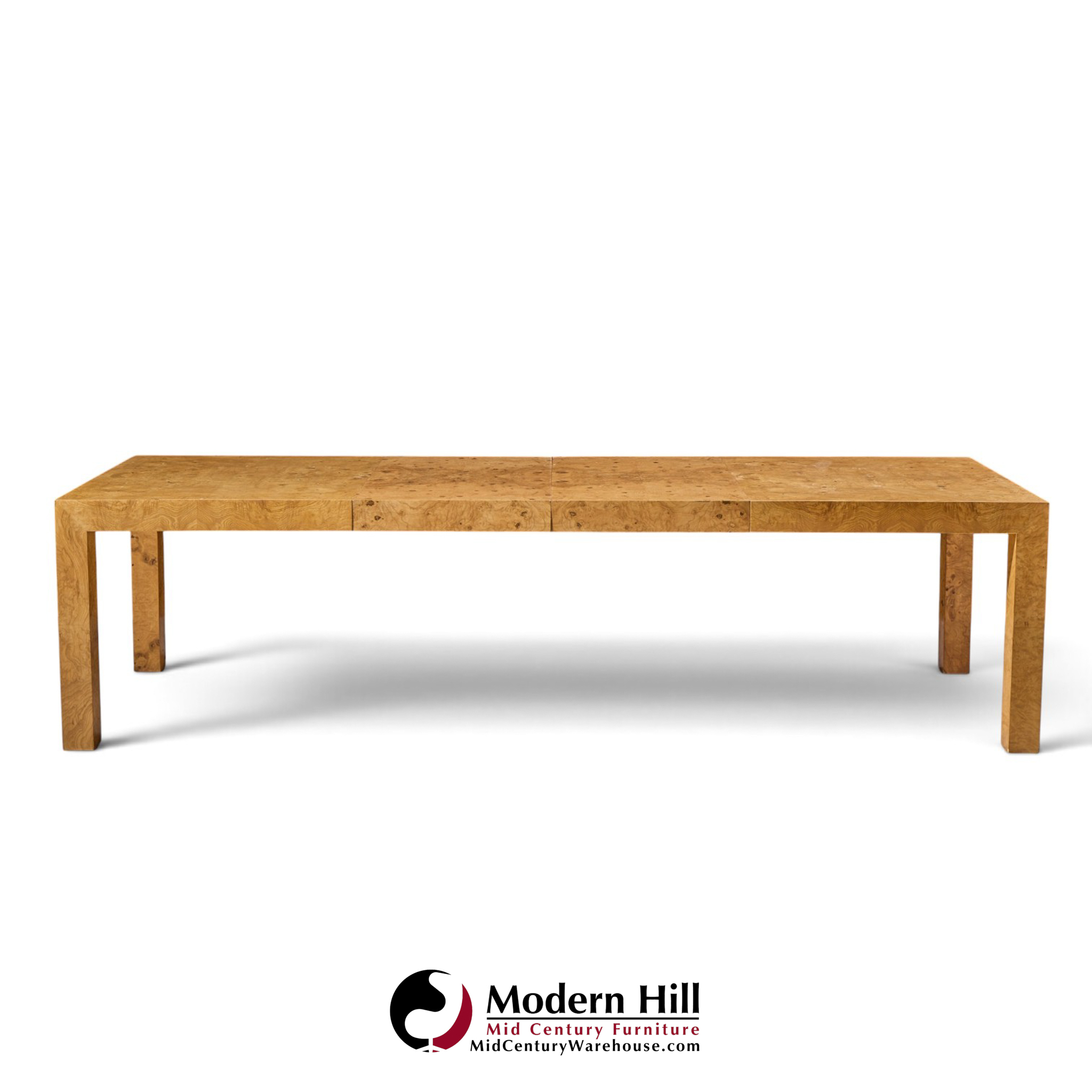 milo baughman for thayer coggin mid century burlwood expanding dining table with 2 leaves