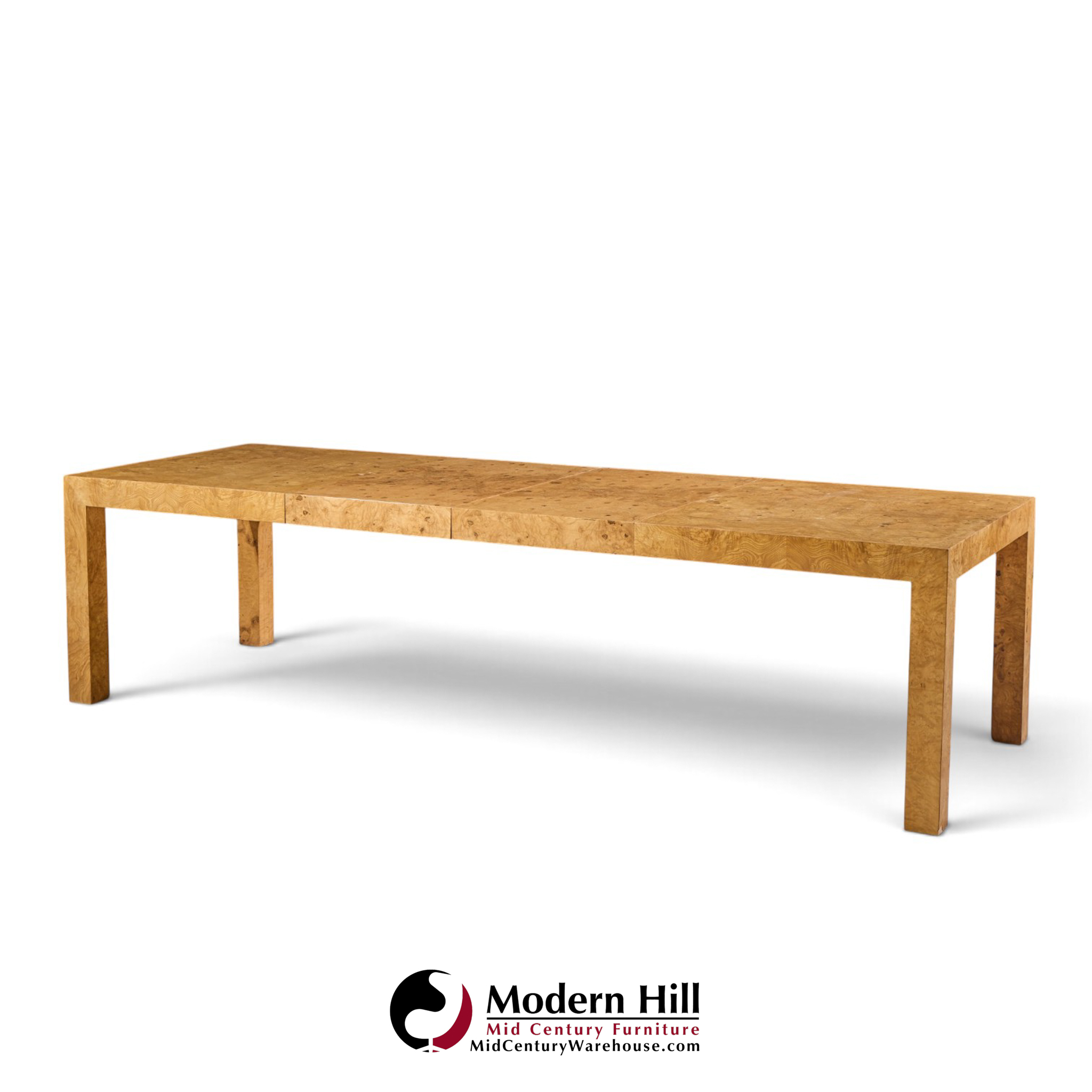 milo baughman for thayer coggin mid century burlwood expanding dining table with 2 leaves