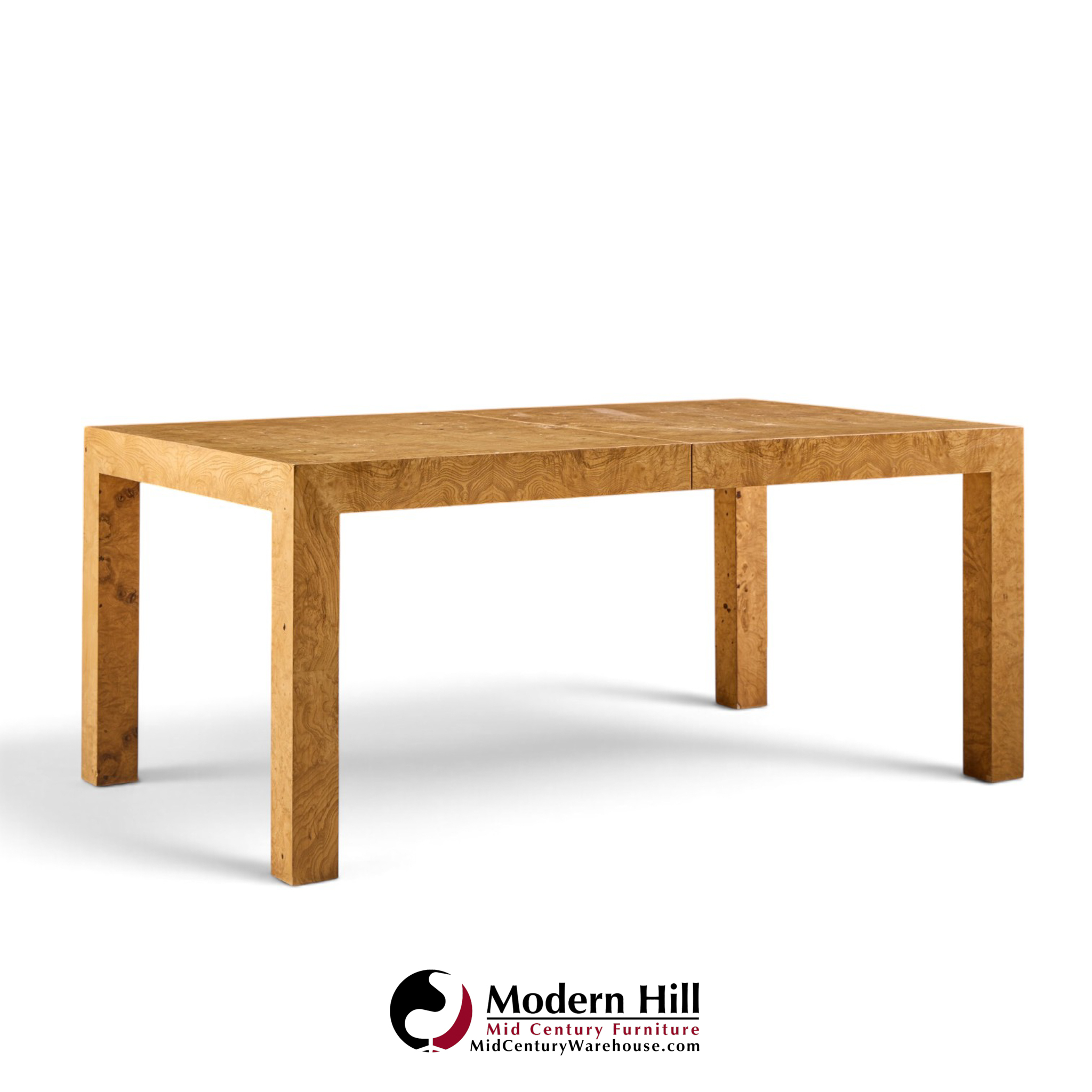 milo baughman for thayer coggin mid century burlwood expanding dining table with 2 leaves