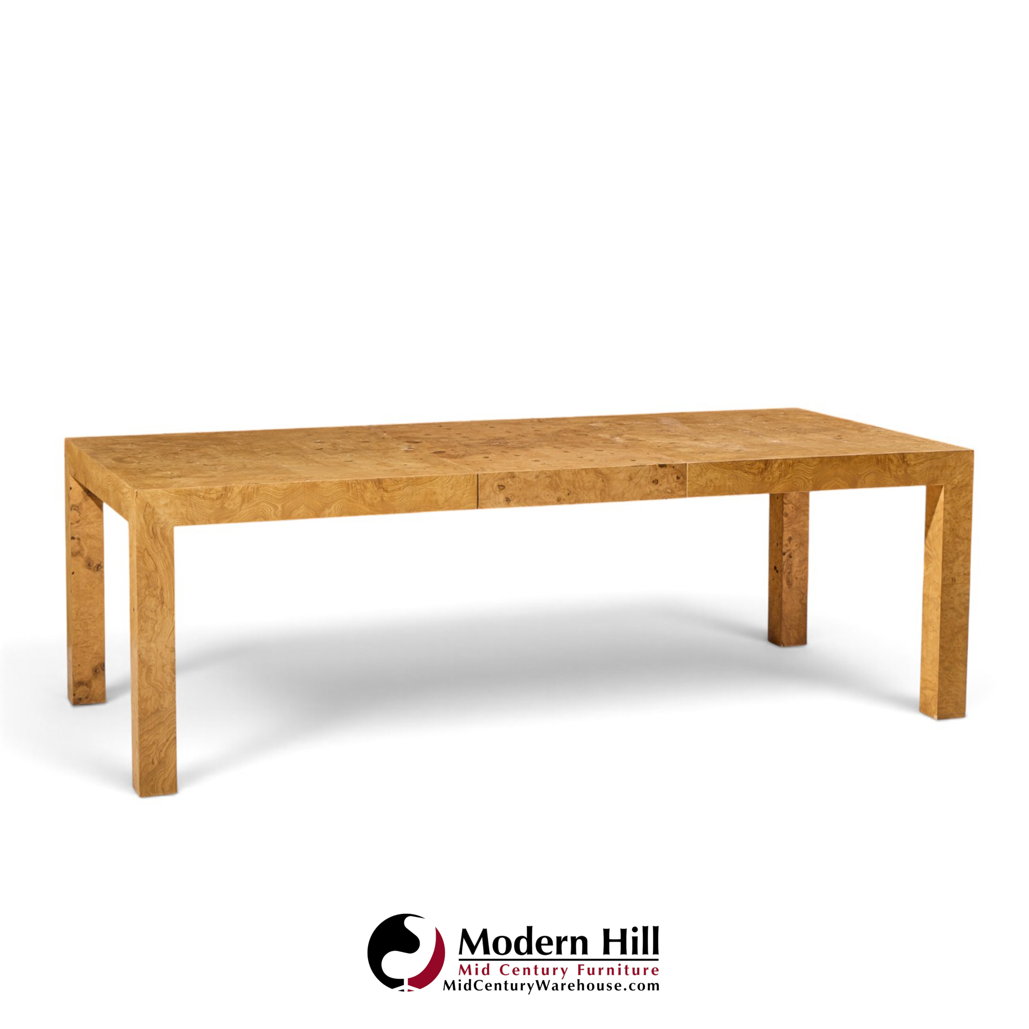 milo baughman for thayer coggin mid century burlwood expanding dining table with 2 leaves