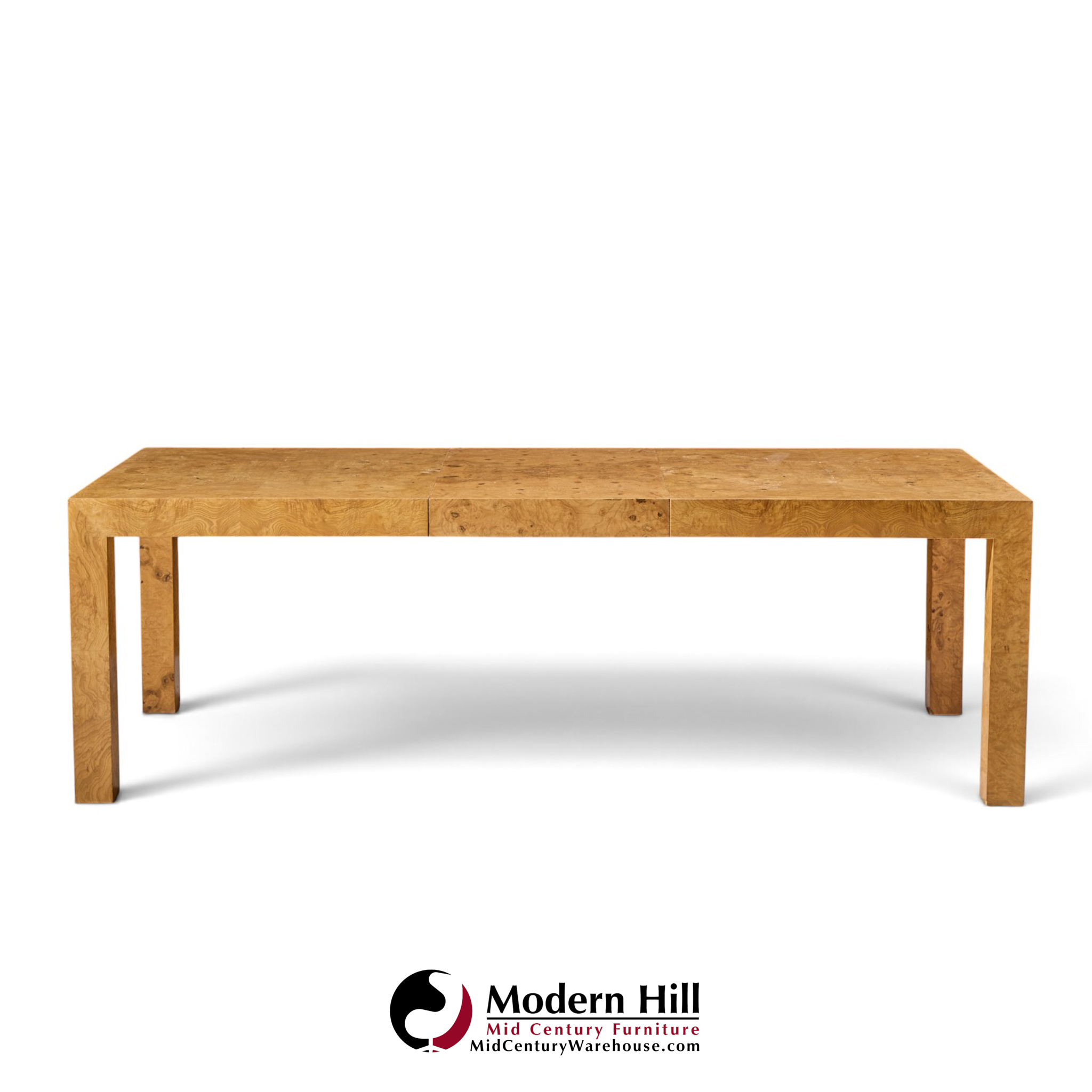 milo baughman for thayer coggin mid century burlwood expanding dining table with 2 leaves