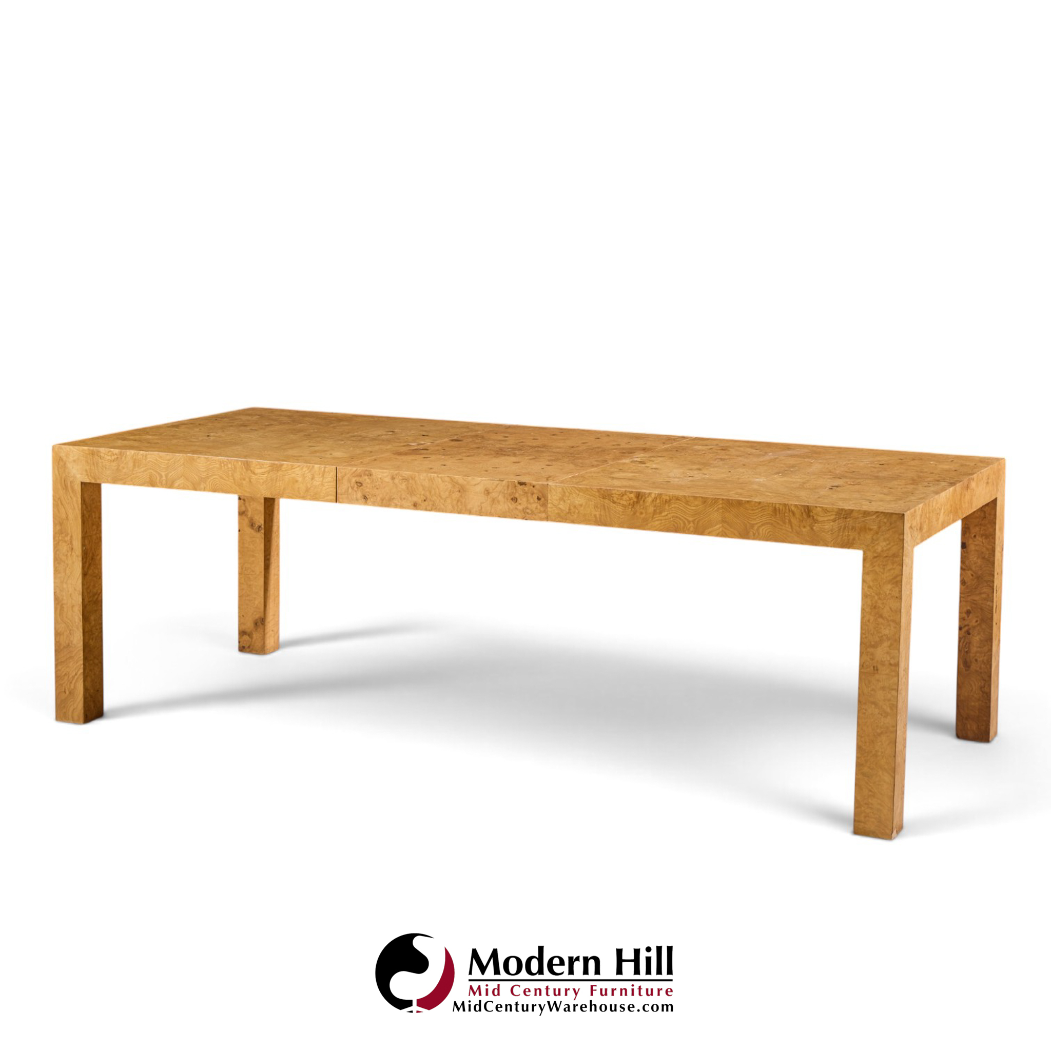 milo baughman for thayer coggin mid century burlwood expanding dining table with 2 leaves