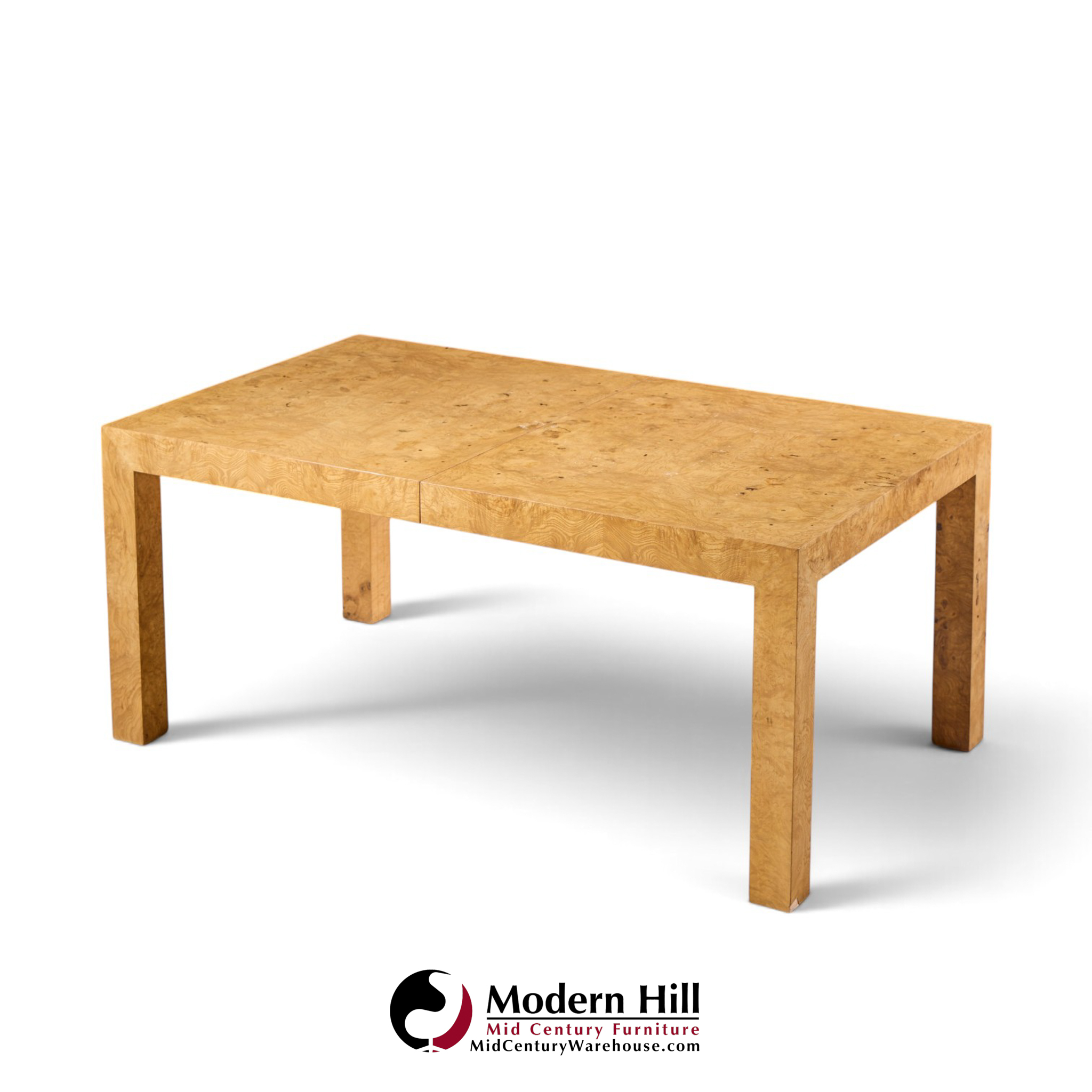 milo baughman for thayer coggin mid century burlwood expanding dining table with 2 leaves