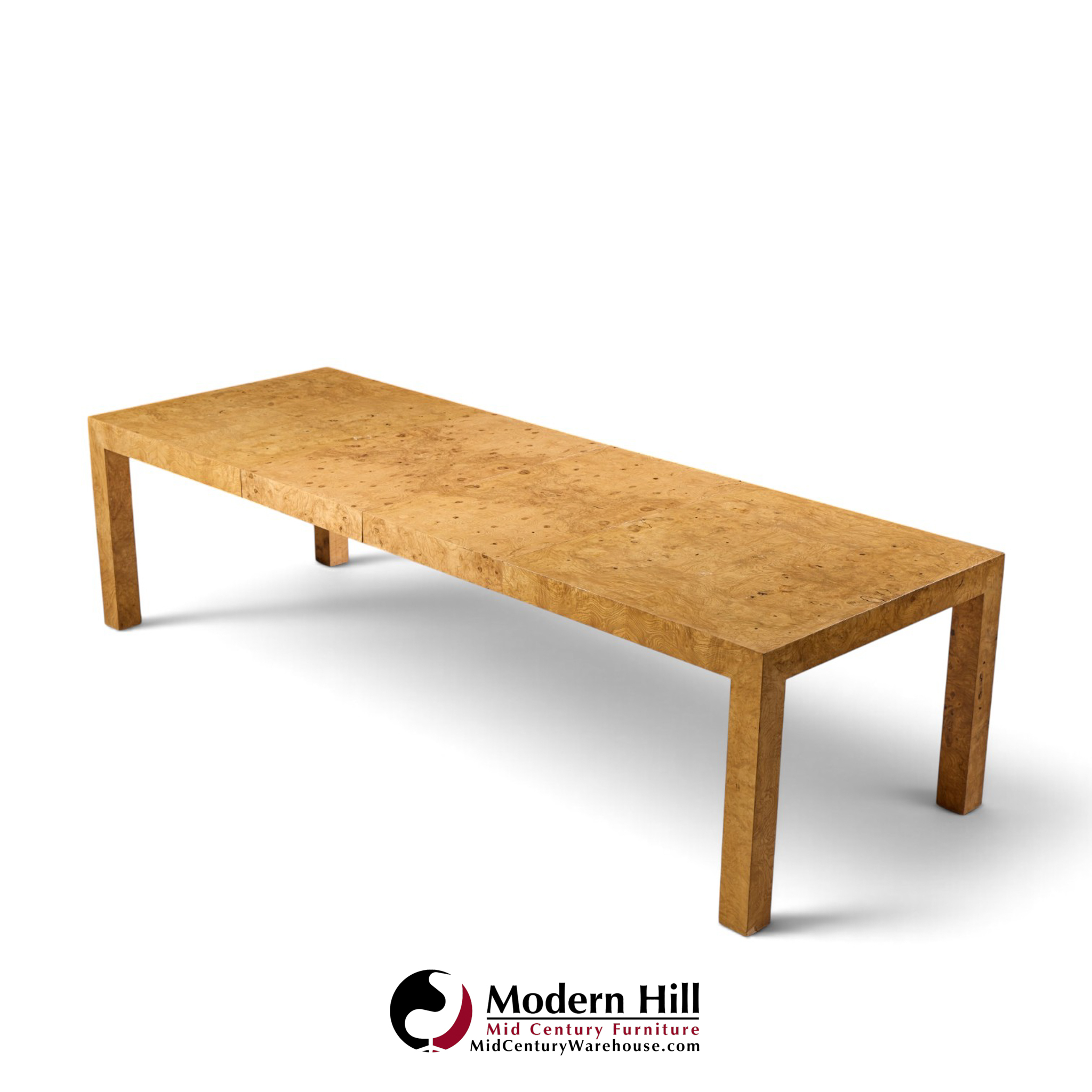milo baughman for thayer coggin mid century burlwood expanding dining table with 2 leaves