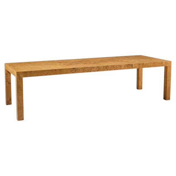 milo baughman for thayer coggin mid century burlwood expanding dining table with 2 leaves