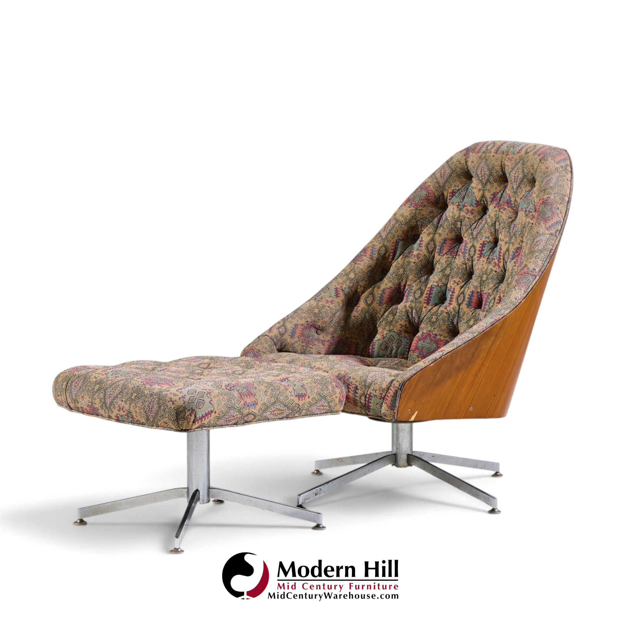 milo baughman for thayer coggin mid century walnut and chrome tufted lounge chair and ottoman