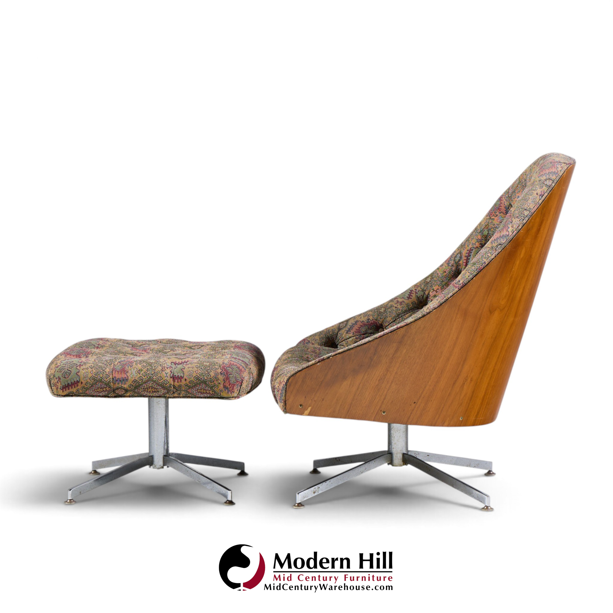 milo baughman for thayer coggin mid century walnut and chrome tufted lounge chair and ottoman