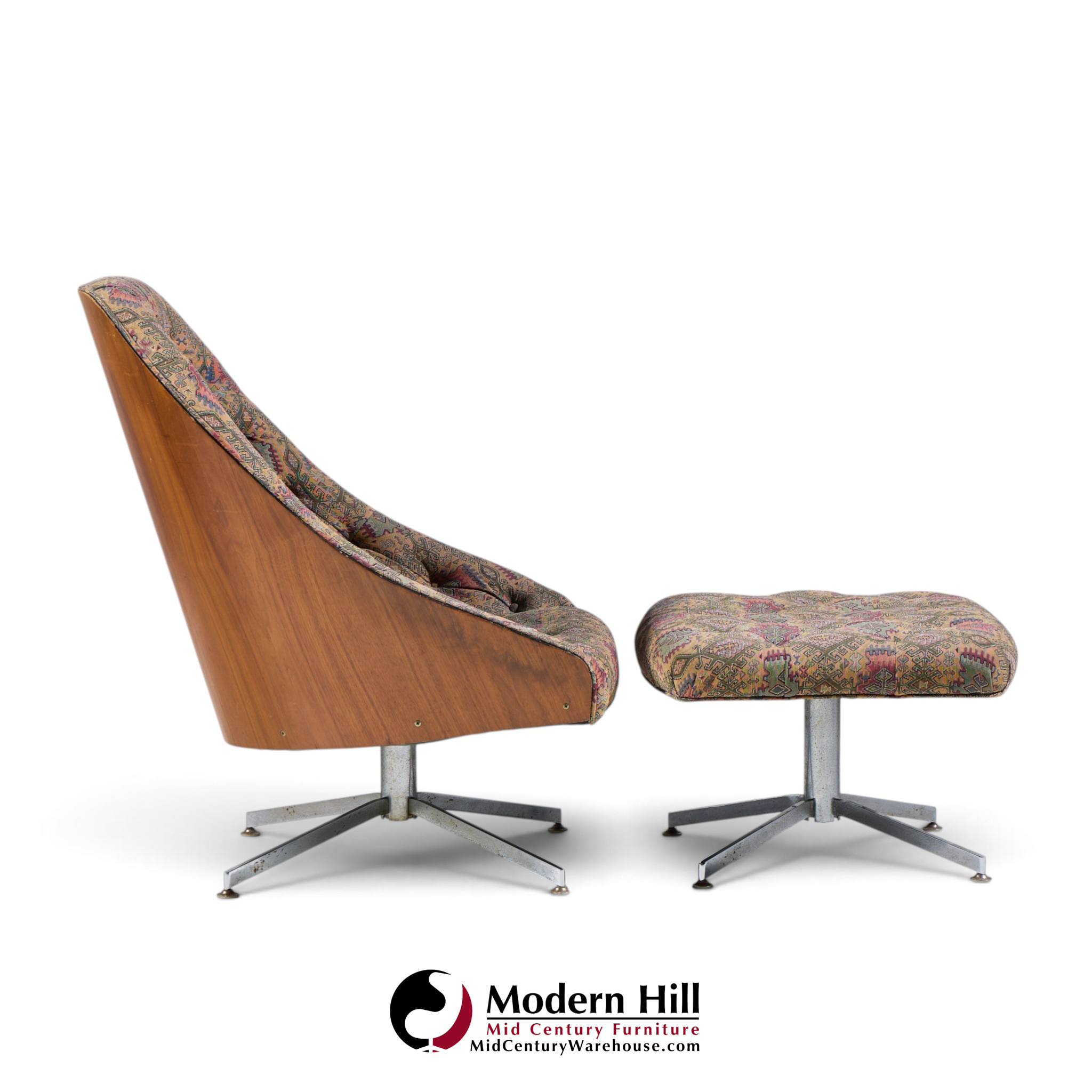 milo baughman for thayer coggin mid century walnut and chrome tufted lounge chair and ottoman