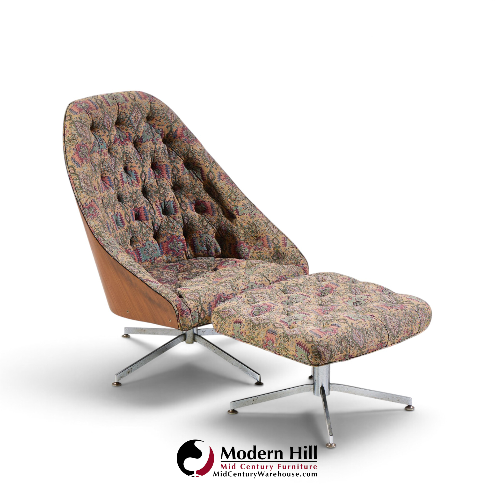 milo baughman for thayer coggin mid century walnut and chrome tufted lounge chair and ottoman