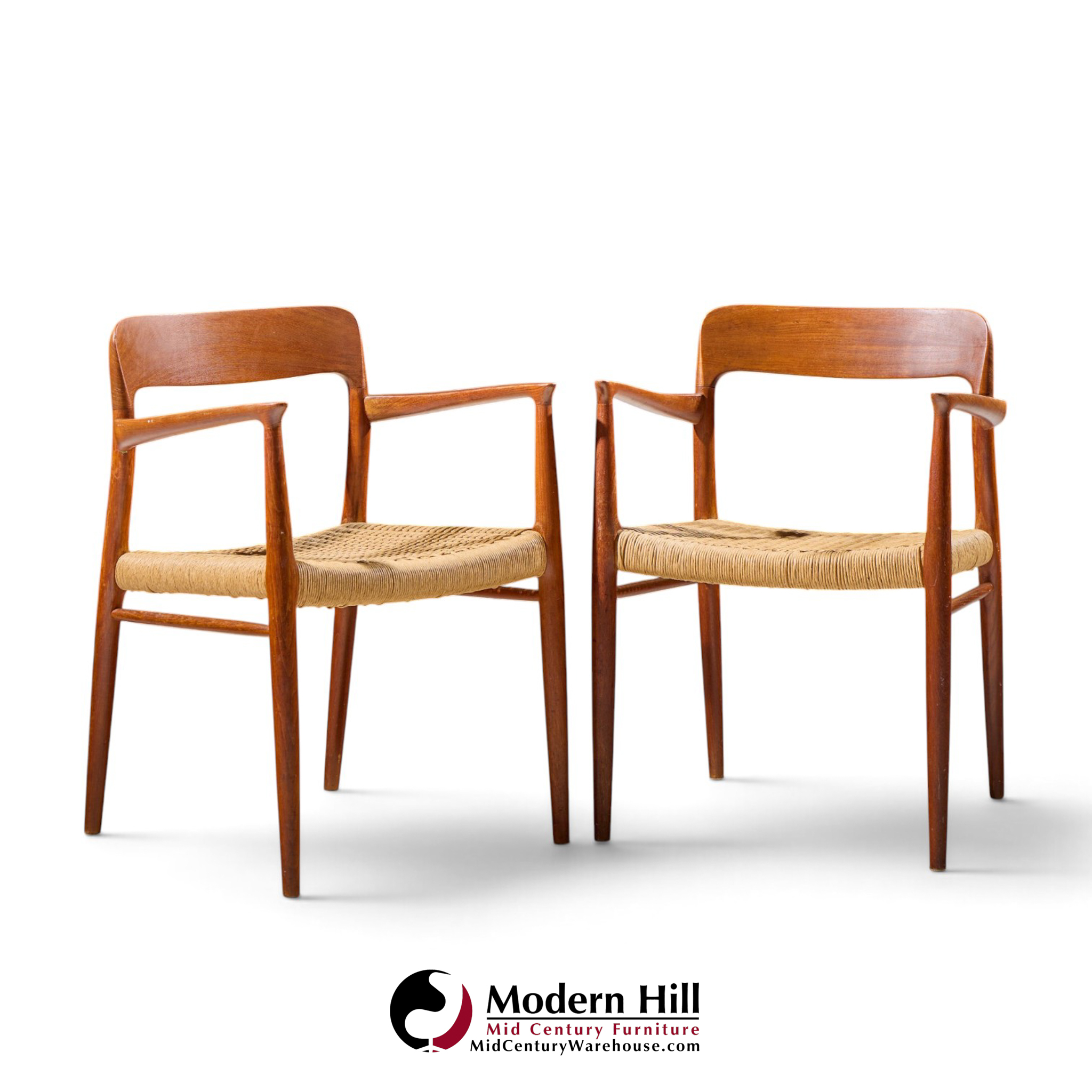 niels moller model 57 mid century danish teak and rope captains dining chairs - pair