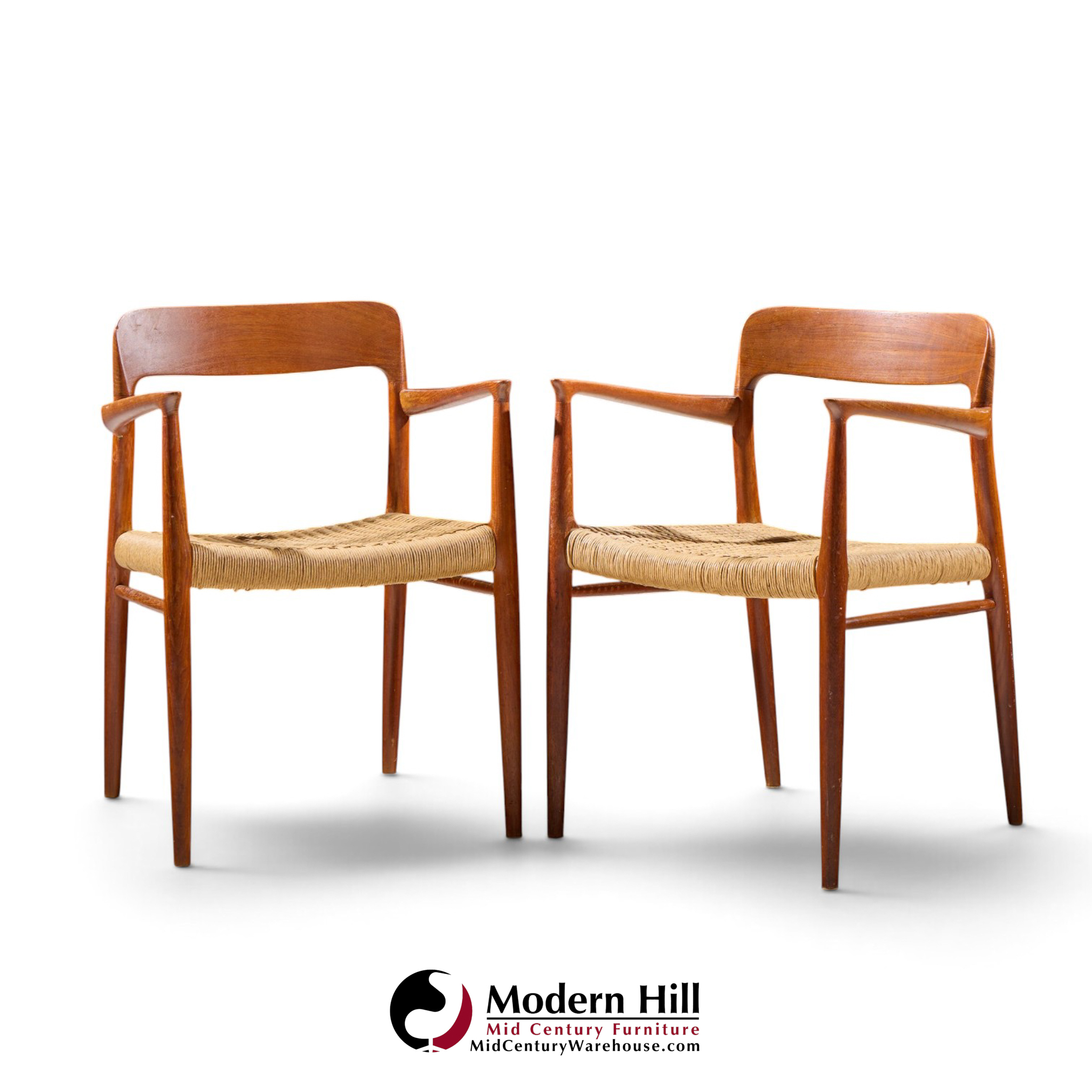 niels moller model 57 mid century danish teak and rope captains dining chairs - pair