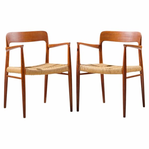 niels moller model 57 mid century danish teak and rope captains dining chairs - pair