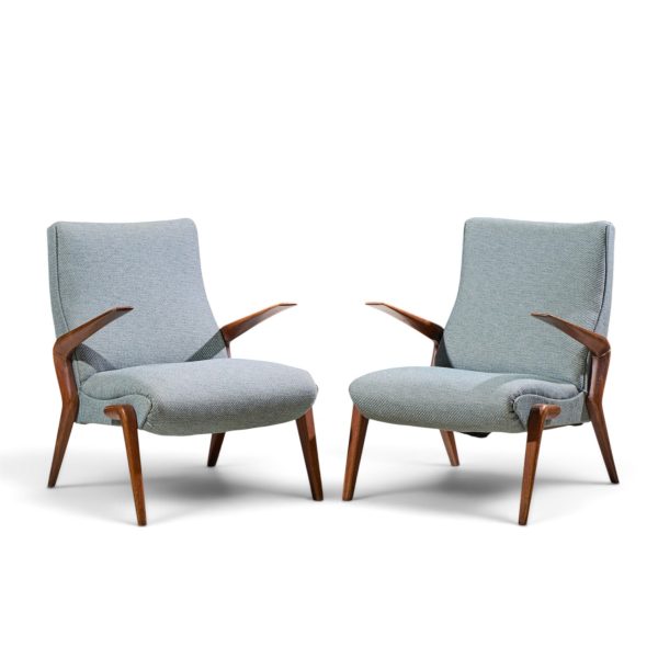 osvaldo borsani for tecno pk71 mid century italian walnut lounge chairs - pair