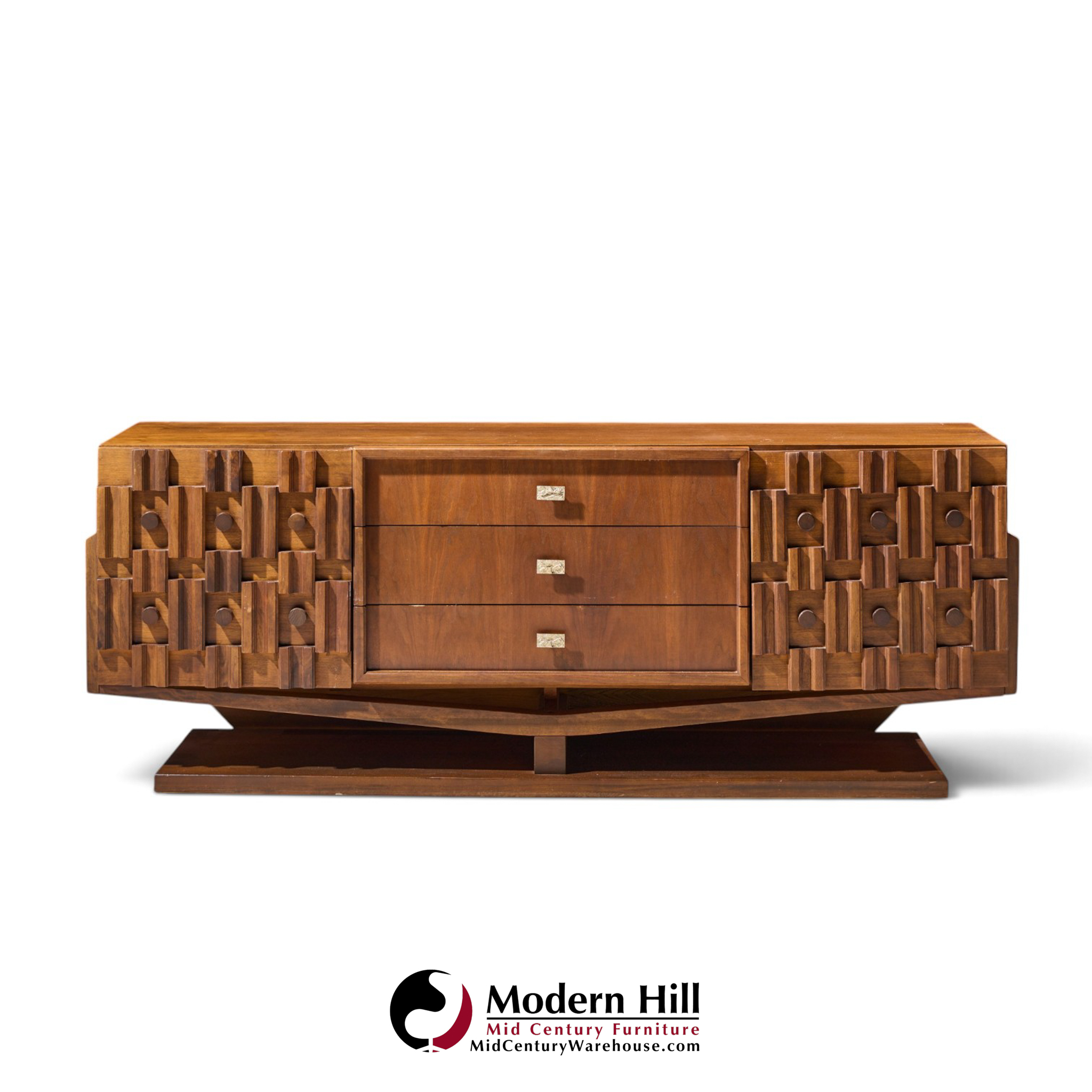 paul evans style mid century canadian brutalist walnut 9 drawer pedestal lowboy dresser