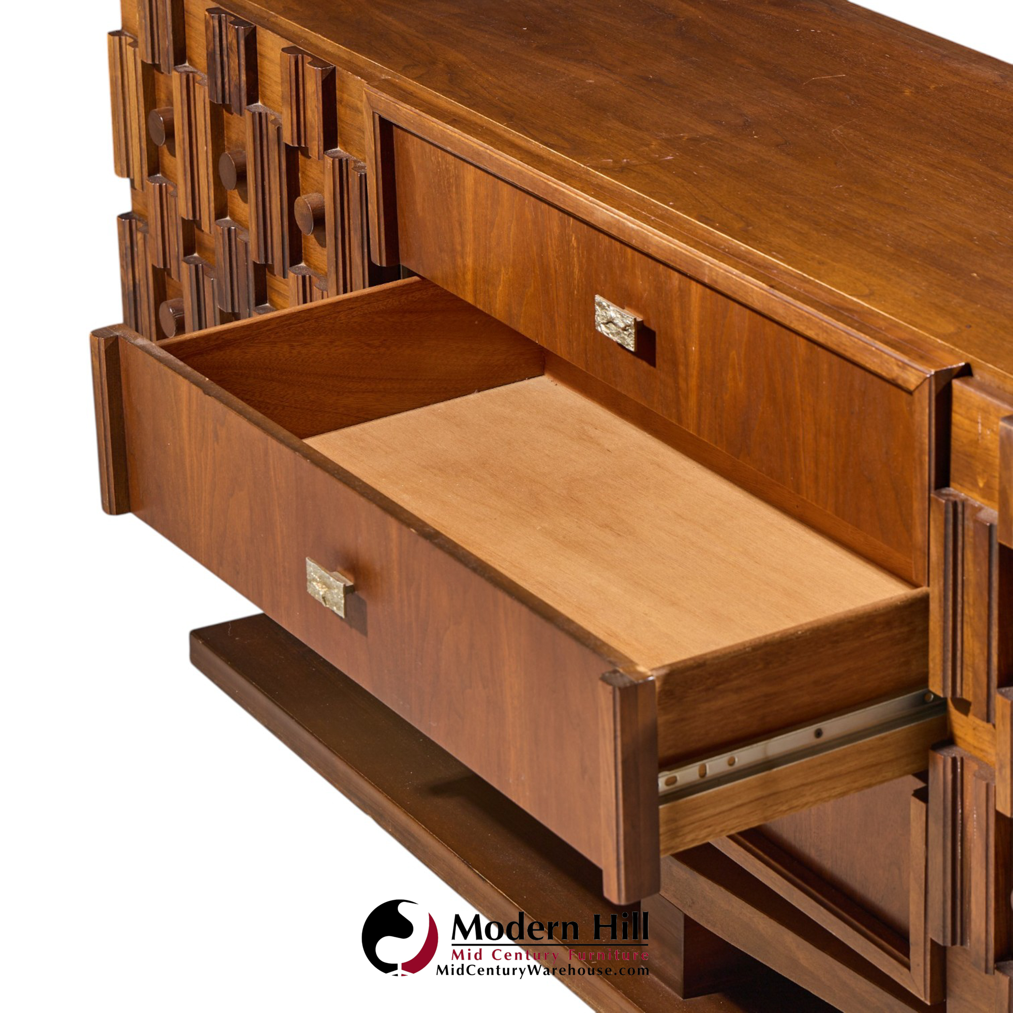 paul evans style mid century canadian brutalist walnut 9 drawer pedestal lowboy dresser