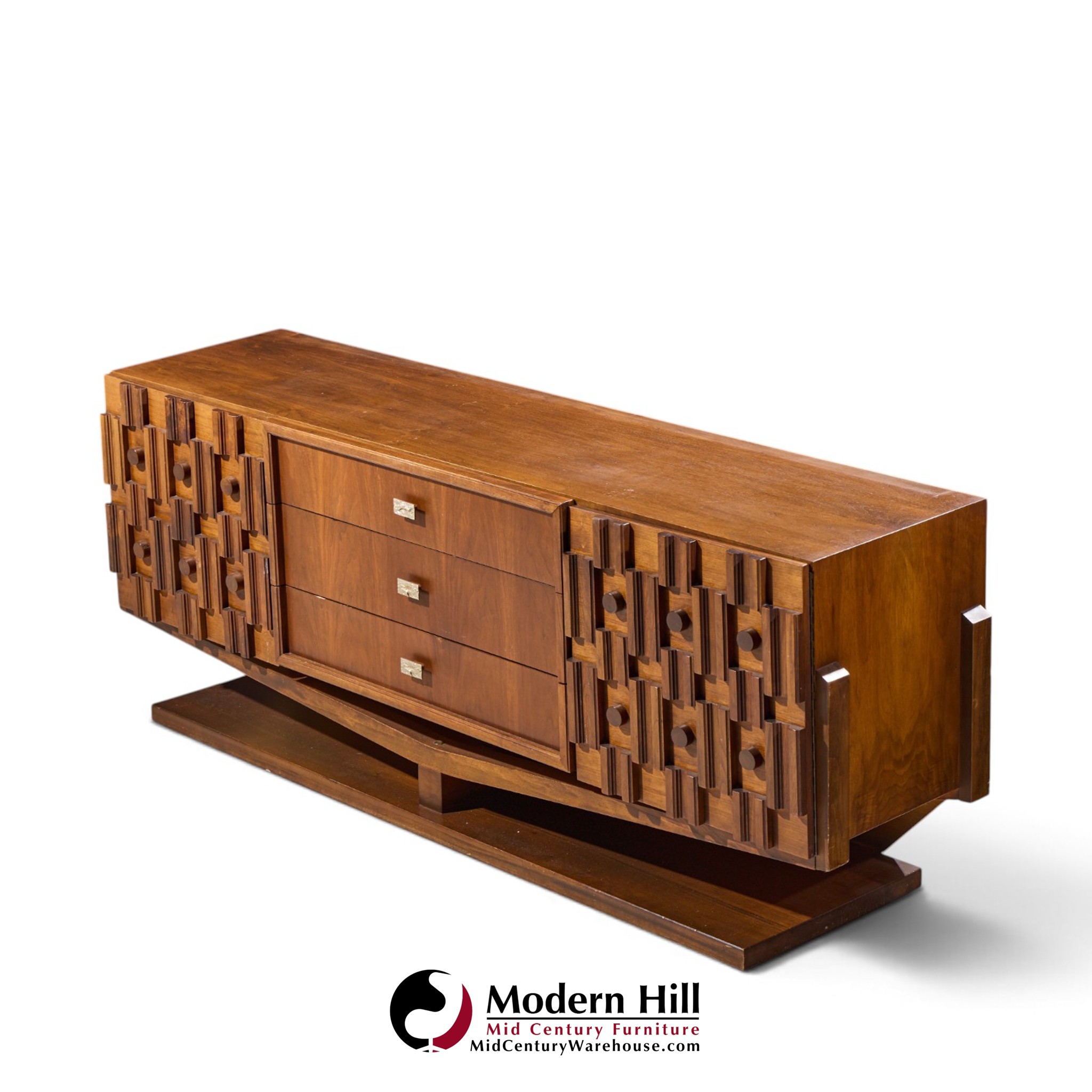 paul evans style mid century canadian brutalist walnut 9 drawer pedestal lowboy dresser