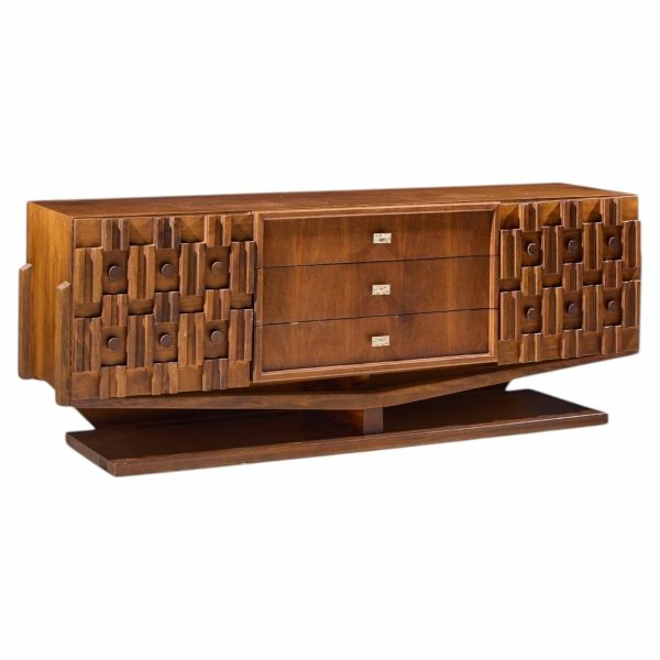paul evans style mid century canadian brutalist walnut 9 drawer pedestal lowboy dresser