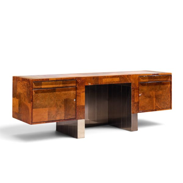 paul evans style mid century patchwork burlwood desk