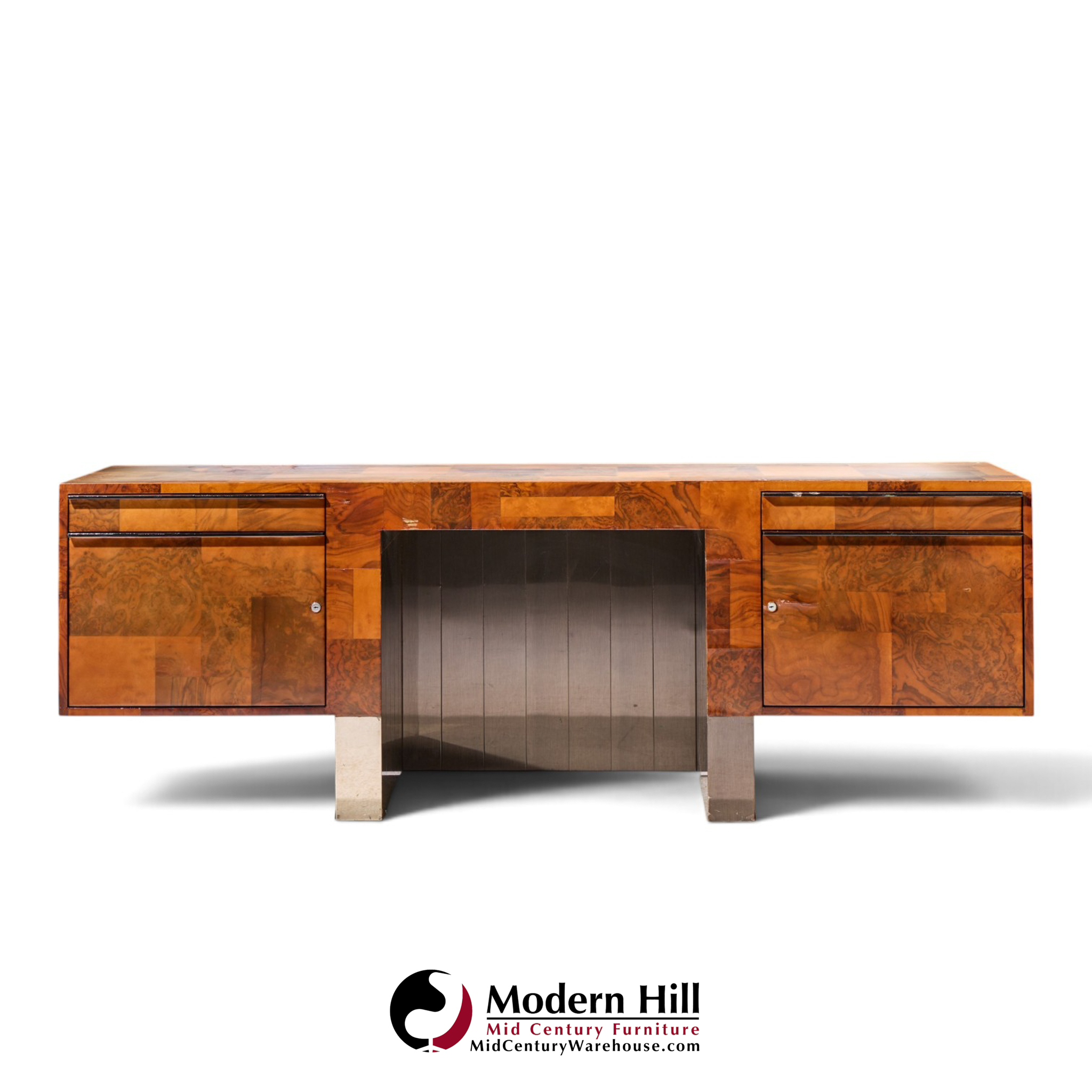 paul evans style mid century patchwork burlwood desk