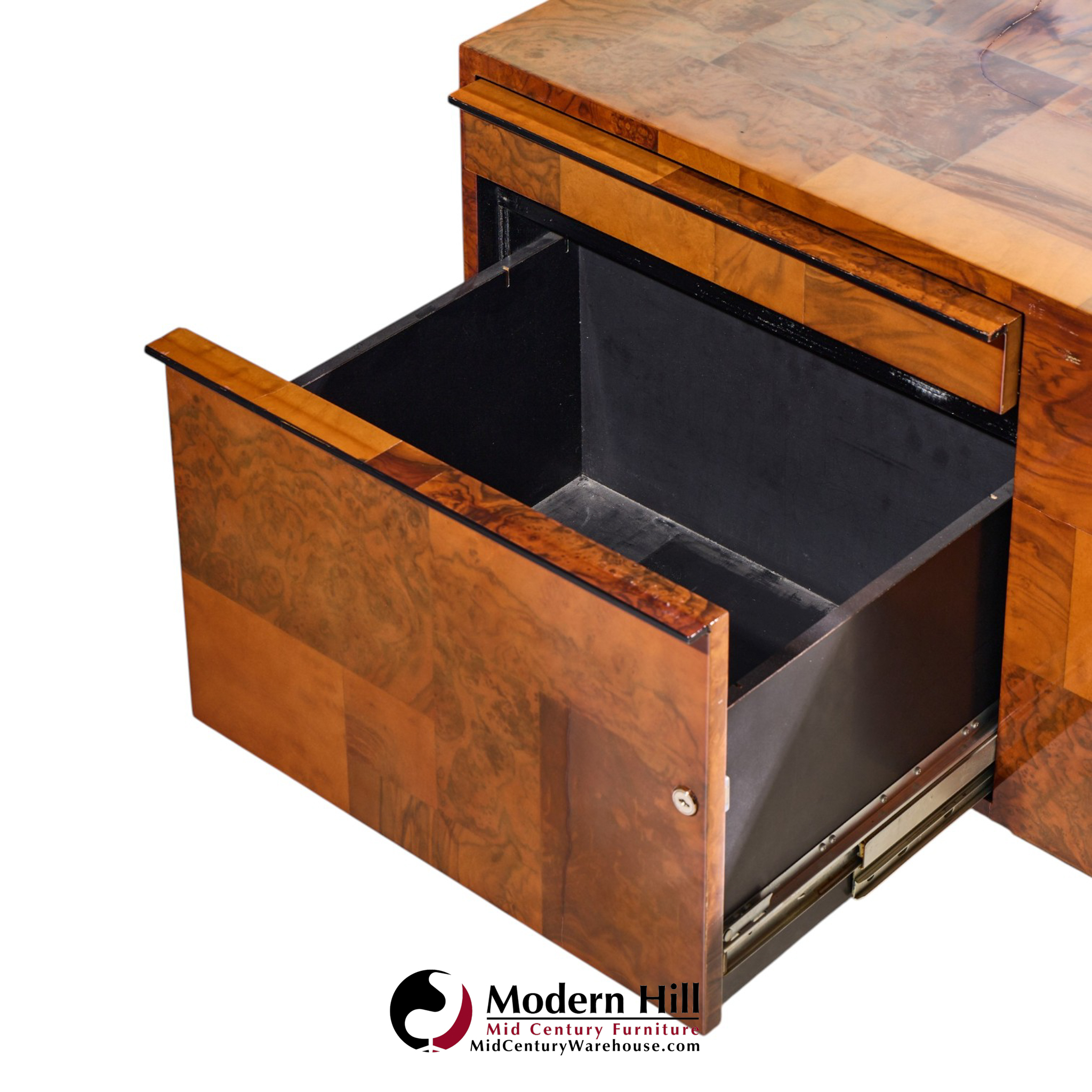 paul evans style mid century patchwork burlwood desk