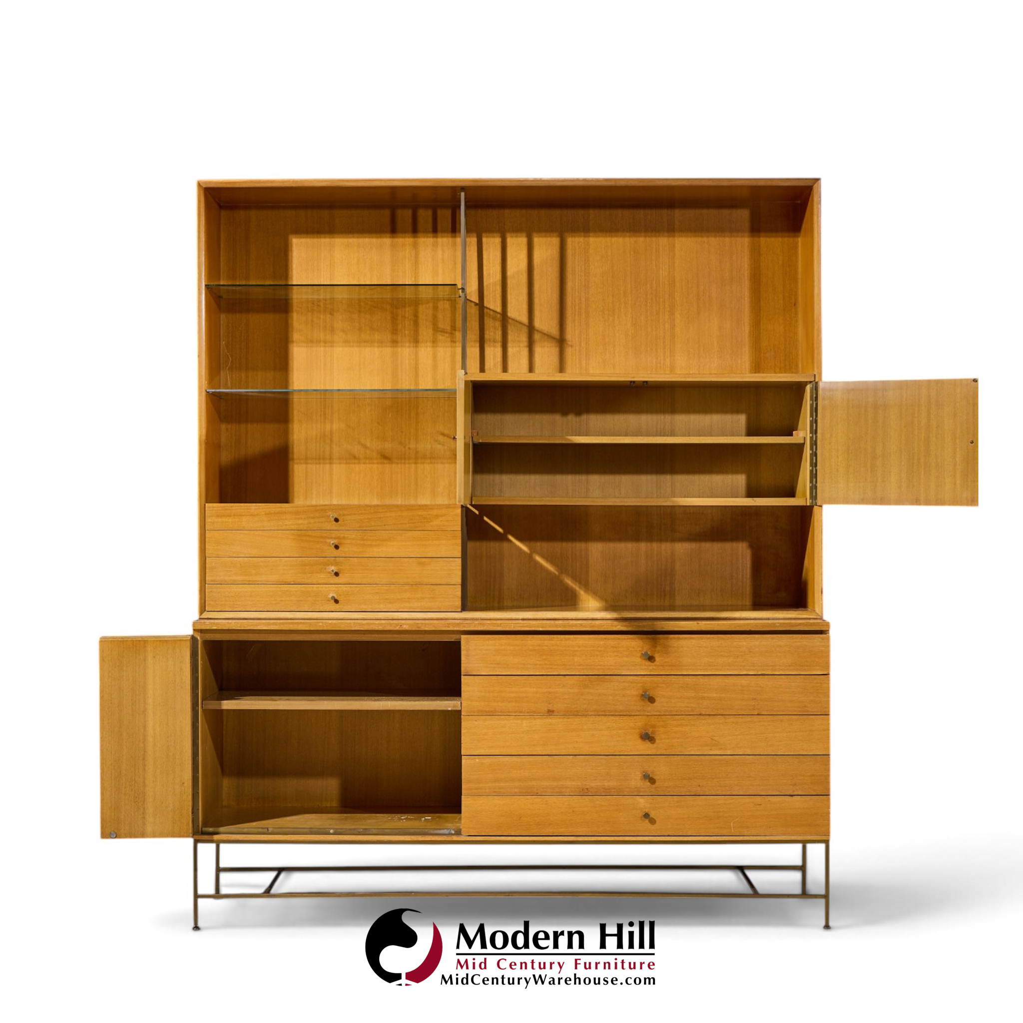 paul mccobb for calvin irwin collection mid century bleached mahogany and brass credenza and hutch