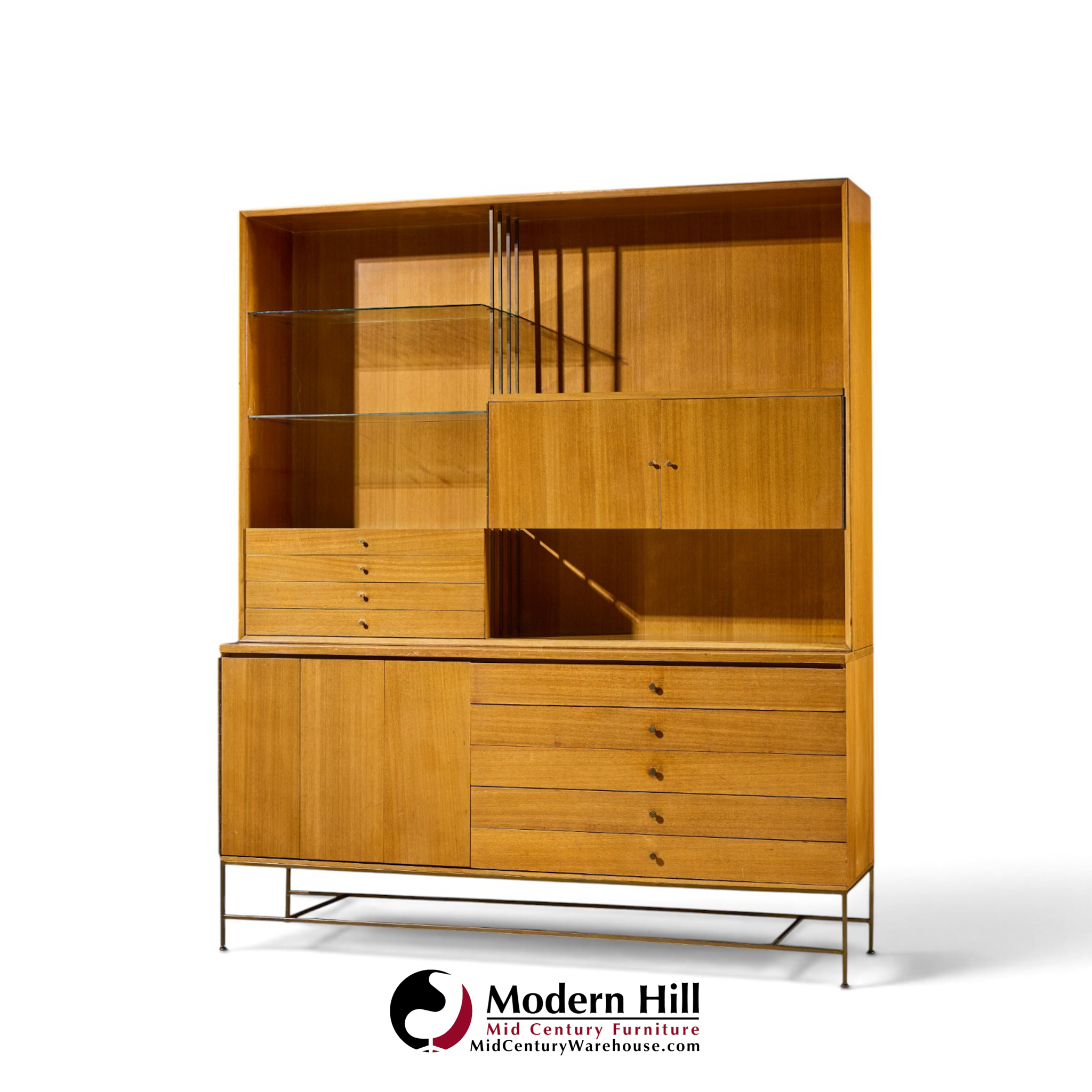 paul mccobb for calvin irwin collection mid century bleached mahogany and brass credenza and hutch