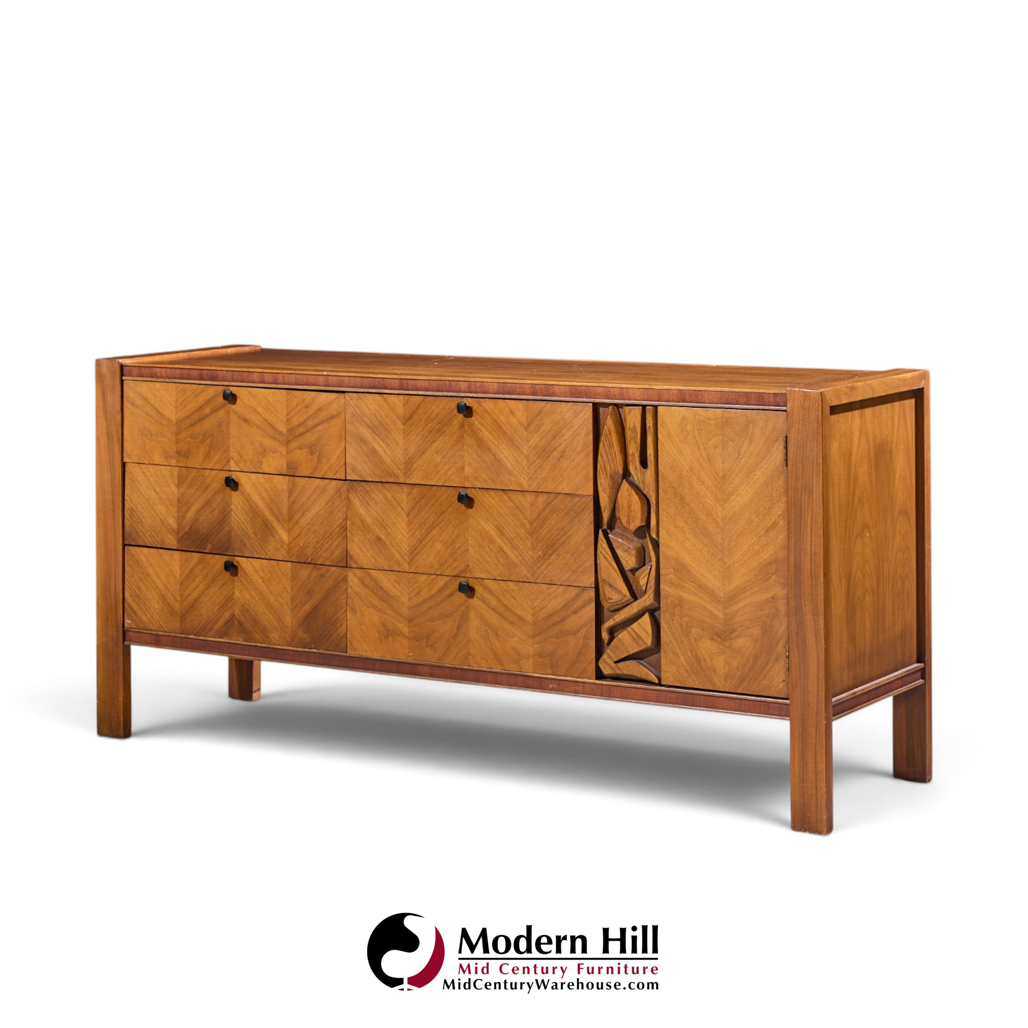 united tiki brutalist mid century walnut lowboy dresser