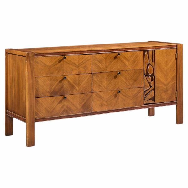 united tiki brutalist mid century walnut lowboy dresser