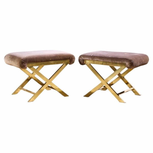warren lloyd for weiman mid century brass x base stools - pair