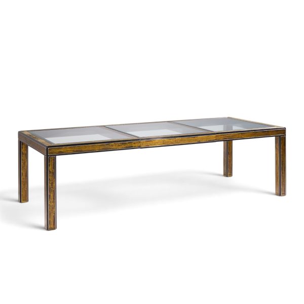 bernhard rohne for mastercraft mid century lacquered etched brass panel expanding dining table with 1 leaf