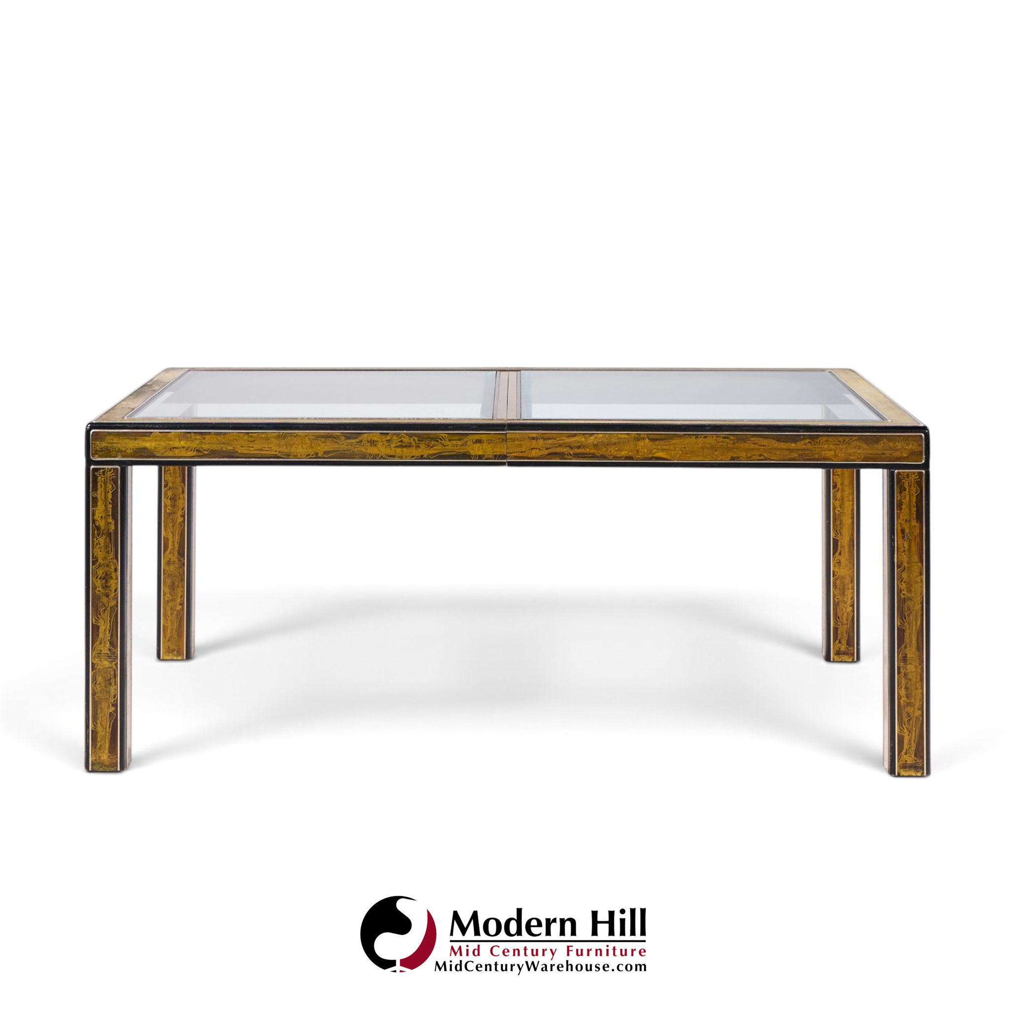 bernhard rohne for mastercraft mid century lacquered etched brass panel expanding dining table with 1 leaf