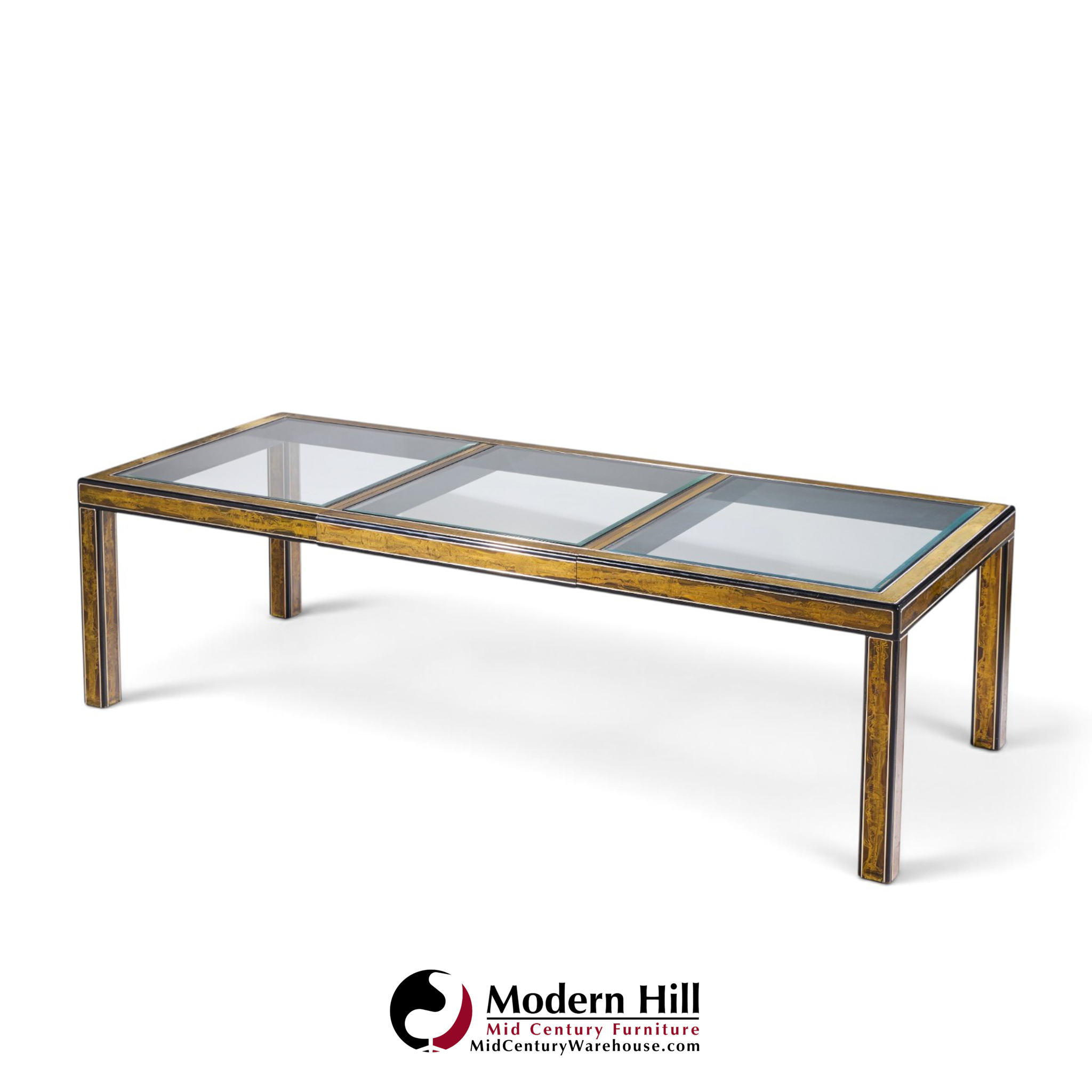 bernhard rohne for mastercraft mid century lacquered etched brass panel expanding dining table with 1 leaf